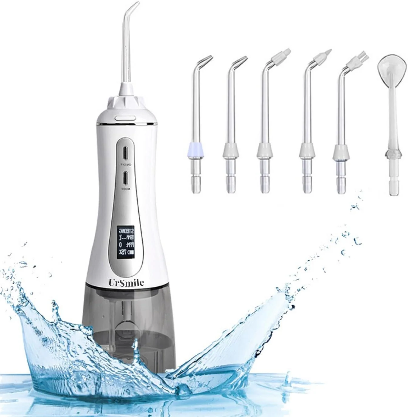 دستگاه آبیاری دهان و دندان بی سیم ursmile، قابل شارژ برقی، نمایشگر OLED، نخ دندان آبی IPX7 با مخزن 350 میلی لیتر