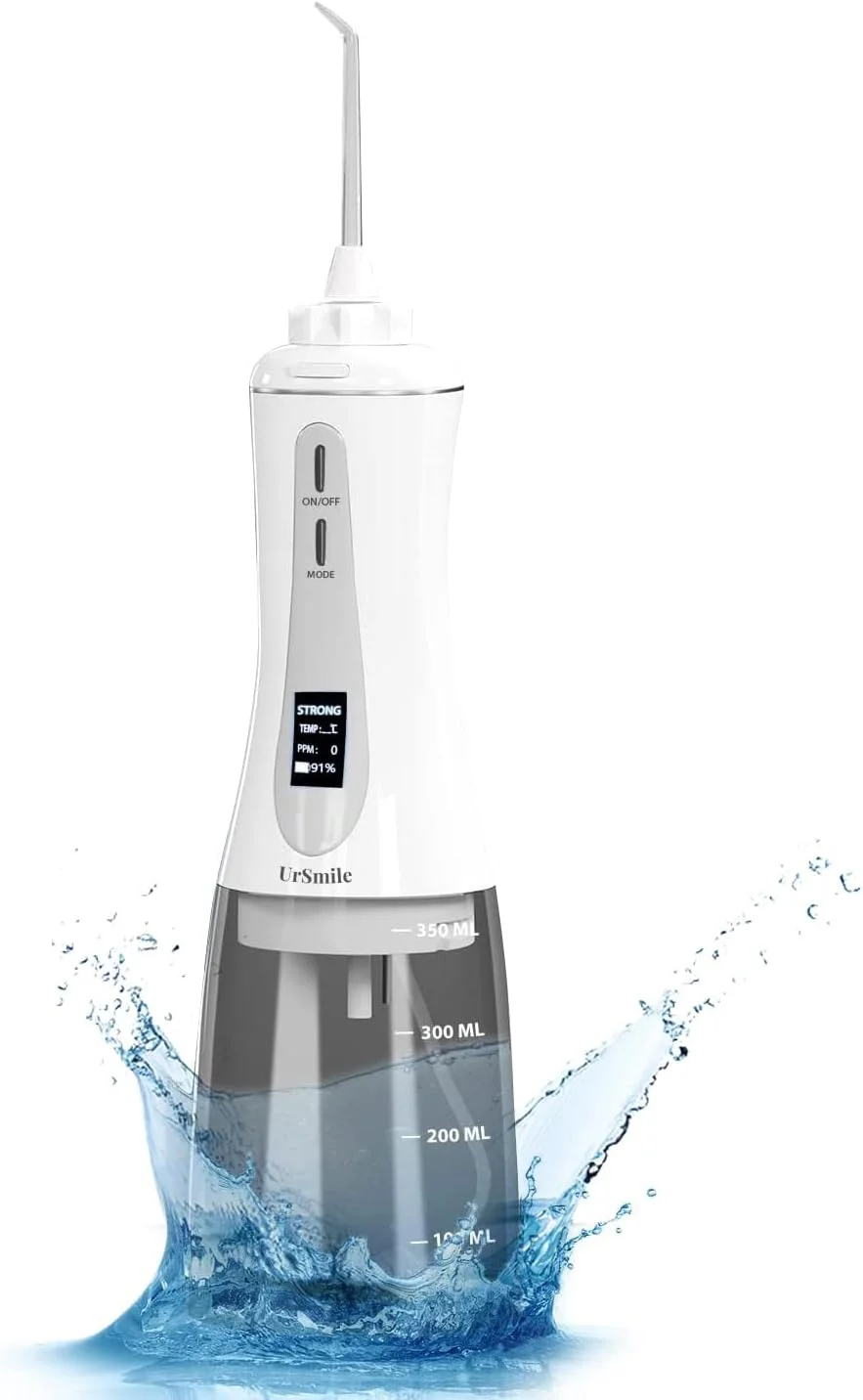 دستگاه آبیاری دهان و دندان بی سیم ursmile، قابل شارژ برقی، نمایشگر OLED، نخ دندان آبی IPX7 با مخزن 350 میلی لیتر