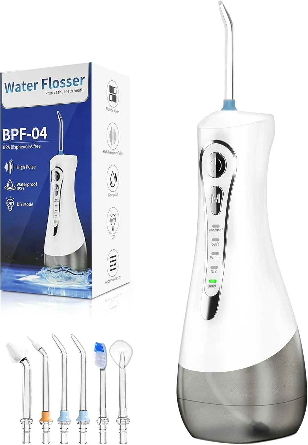 واتر فلاسر دندان برای پاکسازی دندان: 4 حالت بی سیم قابل حمل، مخزن بزرگتر 320 میلی لیتری، 6 سری جت، تمیز کننده دندان با آب، ضد آب IPX7 (سفید)