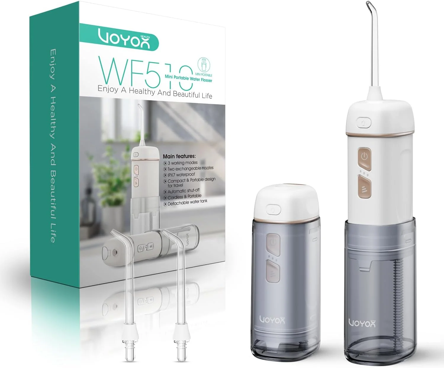 واتر فلاسر بی سیم VOYOR-HEALTH برای دندان، مینی دستگاه آبیاری دندان قابل حمل، 3 حالت ضد آب IPX7 قابل شارژ، نخ دندان برقی خانگی و مسافرتی برای ارتودنسی WF510 (طلایی)