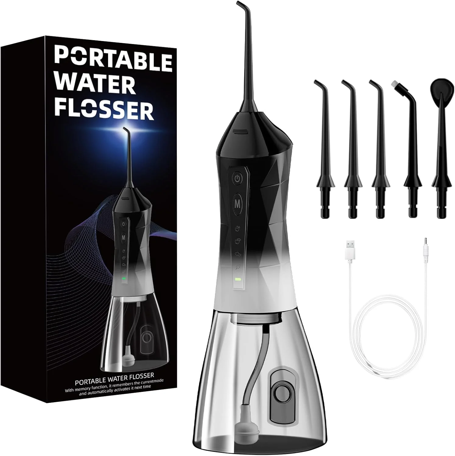 دستگاه نخ دندان آبی: دستگاه آبیاری دهان و دندان قابل حمل و بی سیم 320 میلی لیتری، تمیز کننده آبیاری مسافرتی قابل شارژ با 5 سری، دستگاه نخ دندان برقی ضد آب IPX7 برای تمیز کردن دندان