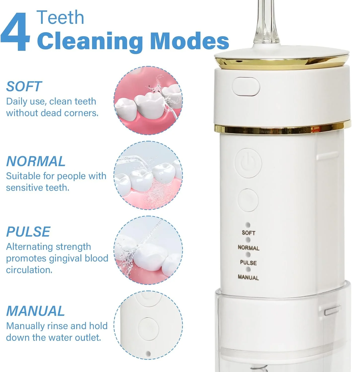 واترجت دهانشویه WAAYAA، قابل حمل و شارژی، با عملکرد ضدآب IPX7، دارای 3 حالت، مناسب برای استفاده خانوادگی و مسافرت.