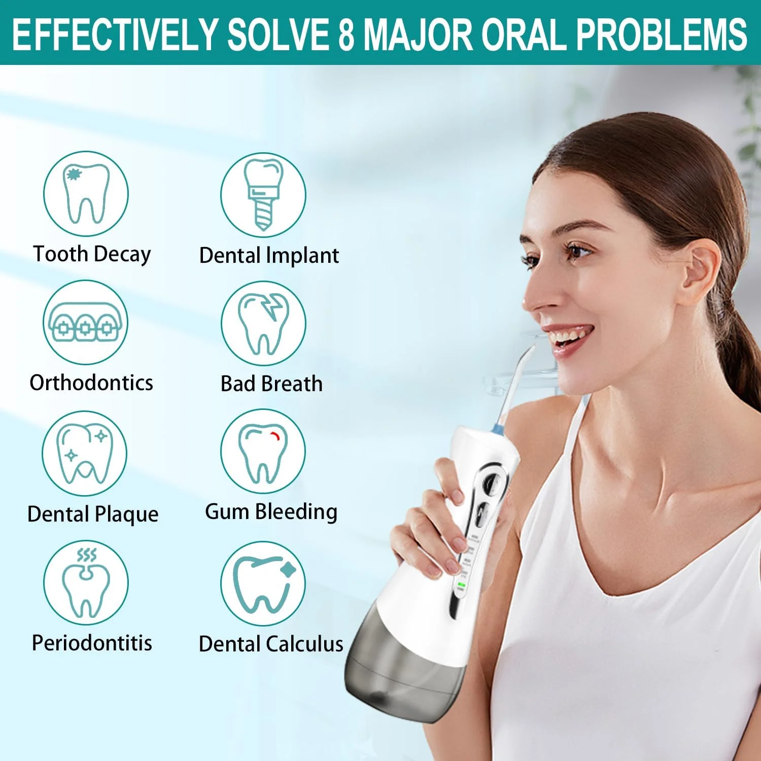 واتر فلاسر دندان برای پاکسازی دندان: 4 حالت بی سیم قابل حمل، مخزن بزرگتر 320 میلی لیتری، 6 سری جت، تمیز کننده دندان با آب، ضد آب IPX7 (سفید)