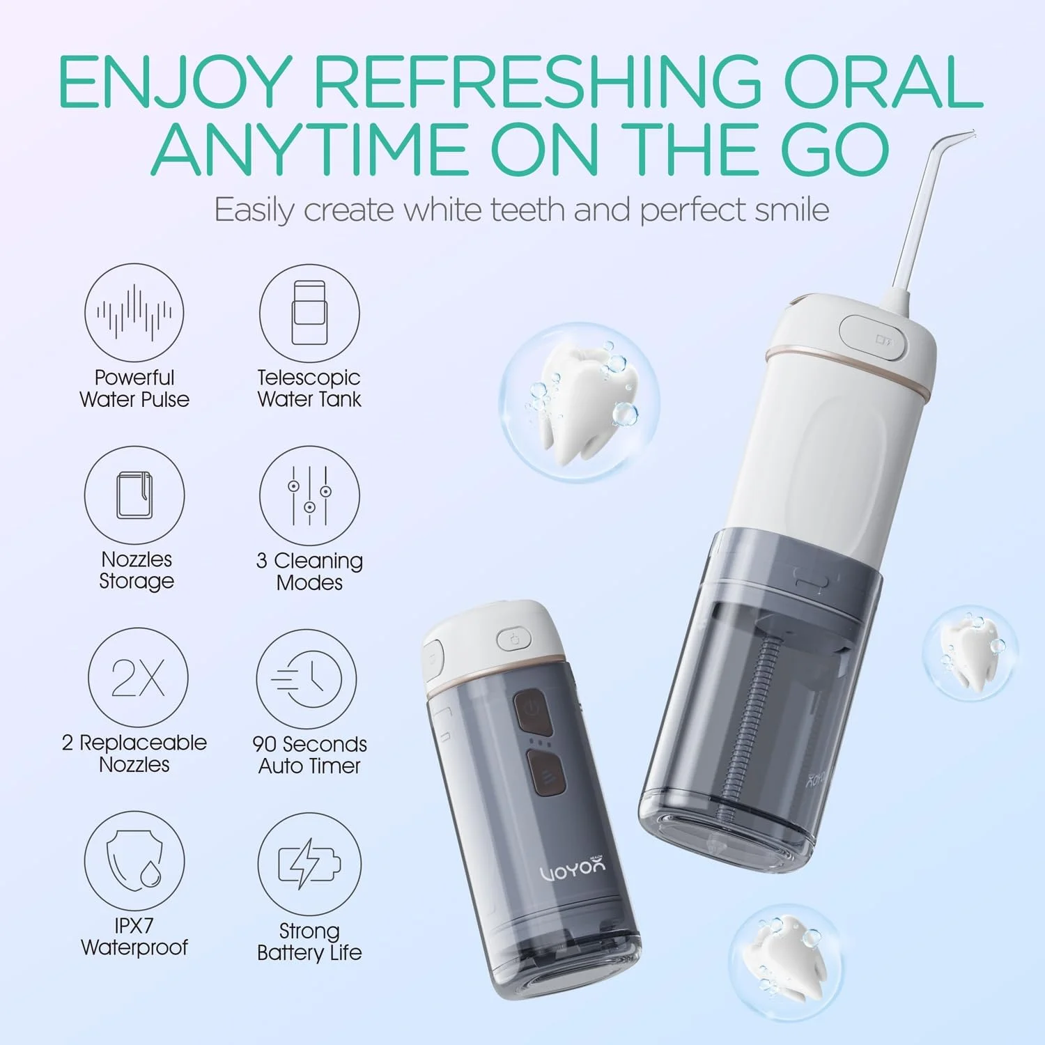 واتر فلاسر بی سیم VOYOR-HEALTH برای دندان، مینی دستگاه آبیاری دندان قابل حمل، 3 حالت ضد آب IPX7 قابل شارژ، نخ دندان برقی خانگی و مسافرتی برای ارتودنسی WF510 (طلایی)