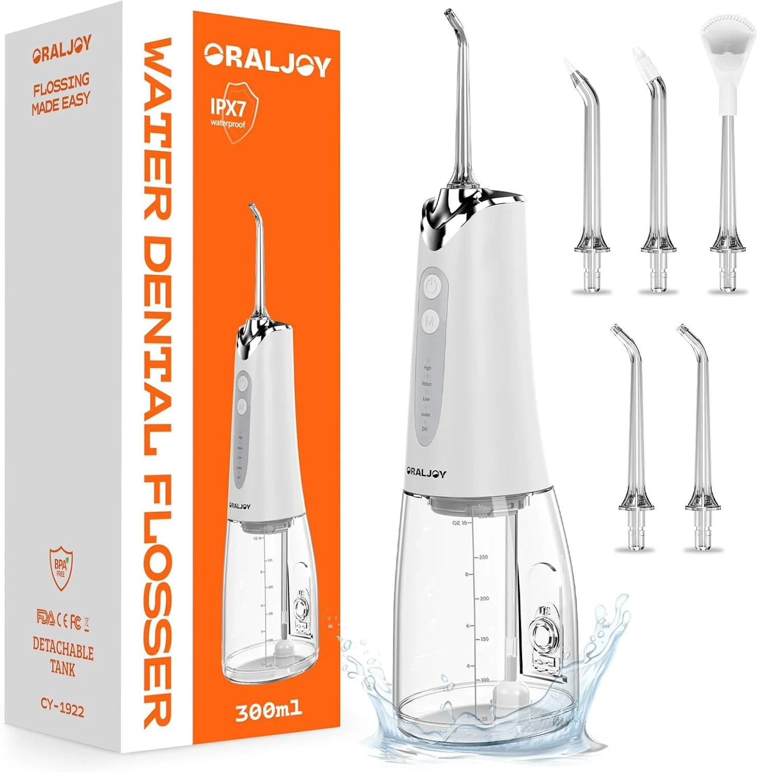 دستگاه شستشوی دهان و دندان با آب - 300 میلی لیتر، دستگاه آبیاری دهان و دندان قابل حمل و شارژی، تمیز کننده آبیاری برقی حرفه ای برای تمیز کردن دندان، مسواک آبی مسافرتی (سفید)