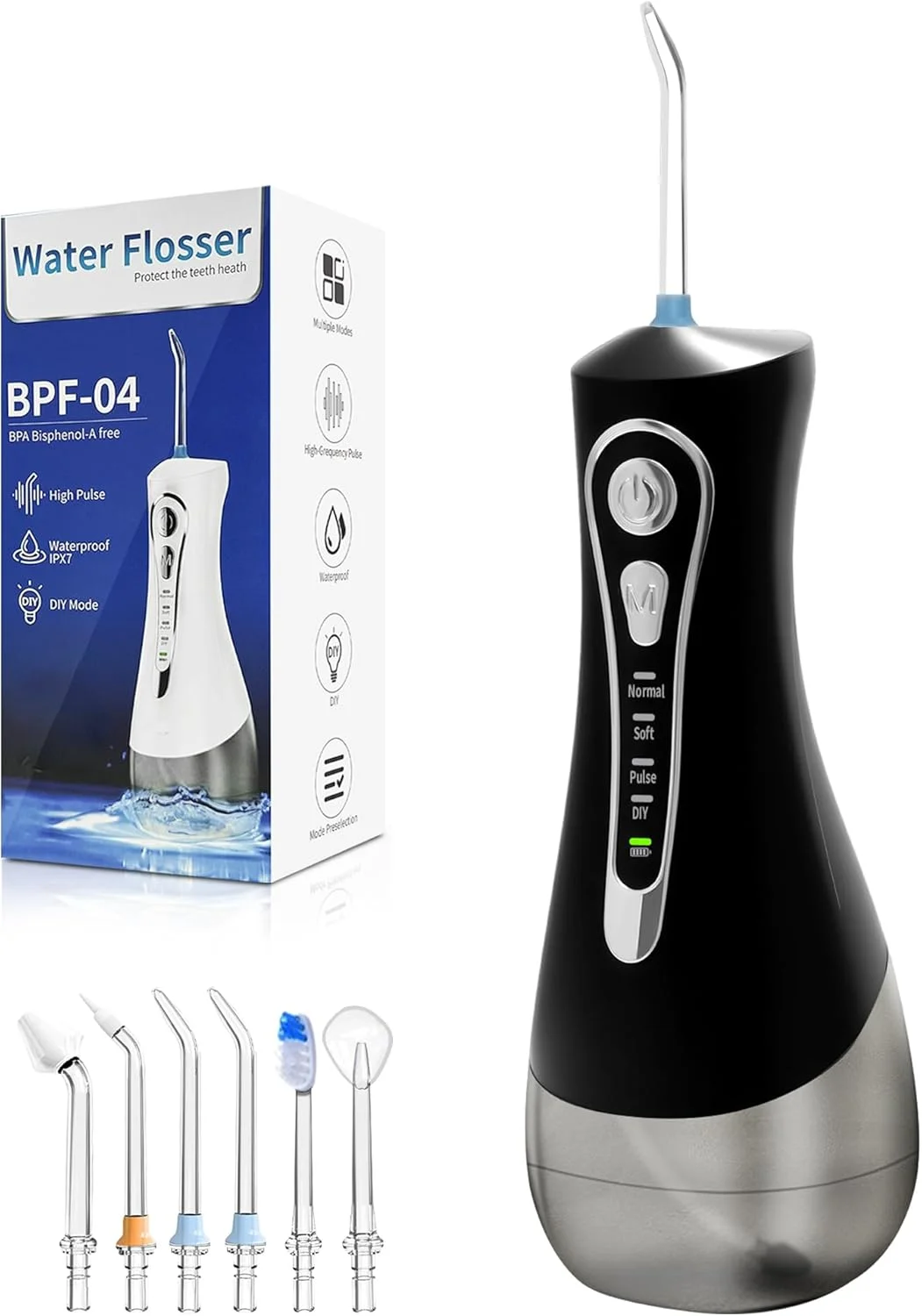 دستگاه شستشوی دهان و دندان: 4 حالت، بی سیم، قابل حمل، مخزن بزرگ 320 میلی لیتری، 6 سری جت، تمیز کننده دندان ضد آب IPX7 (مشکی)