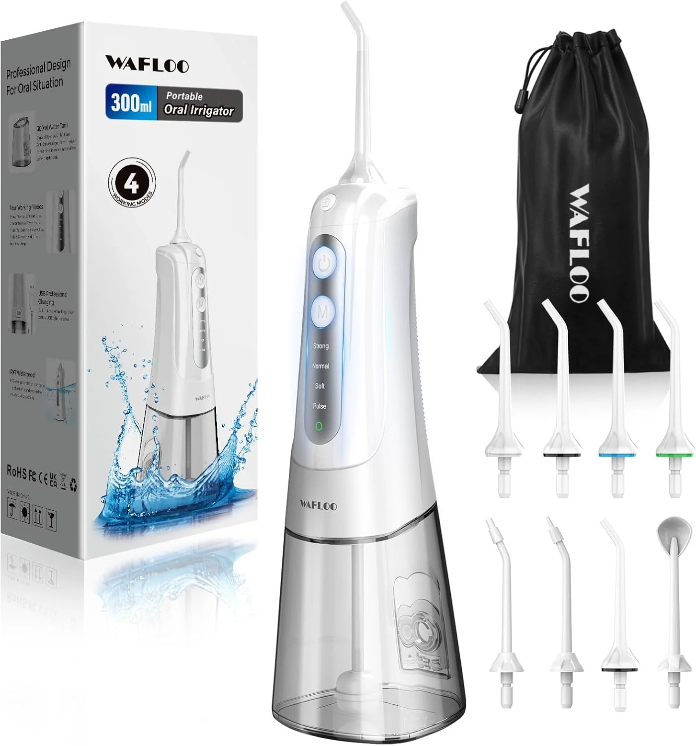 واترجت دهانی برقی بی سیم WAFLOO، نخ دندان آبی قابل حمل با 5 حالت و 4 نازل جت، مخزن آب 300 میلی لیتری، ضد آب IPX7، برنده تست 2025 برای ایمپلنت، خانواده ها و مسافرت