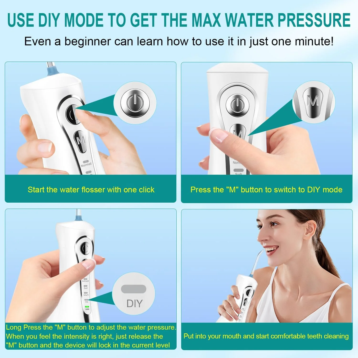 واتر فلاسر دندان برای پاکسازی دندان: 4 حالت بی سیم قابل حمل، مخزن بزرگتر 320 میلی لیتری، 6 سری جت، تمیز کننده دندان با آب، ضد آب IPX7 (سفید)