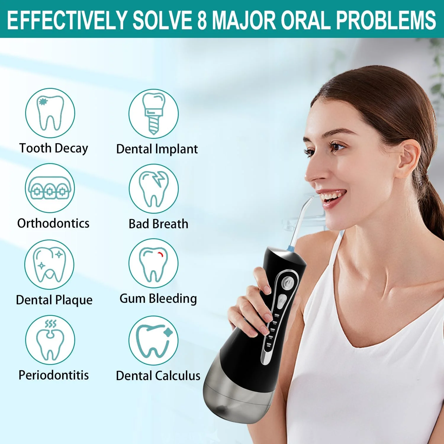دستگاه شستشوی دهان و دندان: 4 حالت، بی سیم، قابل حمل، مخزن بزرگ 320 میلی لیتری، 6 سری جت، تمیز کننده دندان ضد آب IPX7 (مشکی)