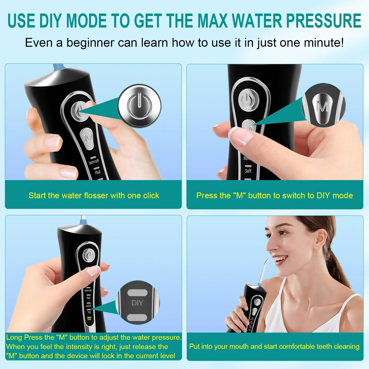دستگاه شستشوی دهان و دندان: 4 حالت، بی سیم، قابل حمل، مخزن بزرگ 320 میلی لیتری، 6 سری جت، تمیز کننده دندان ضد آب IPX7 (مشکی)