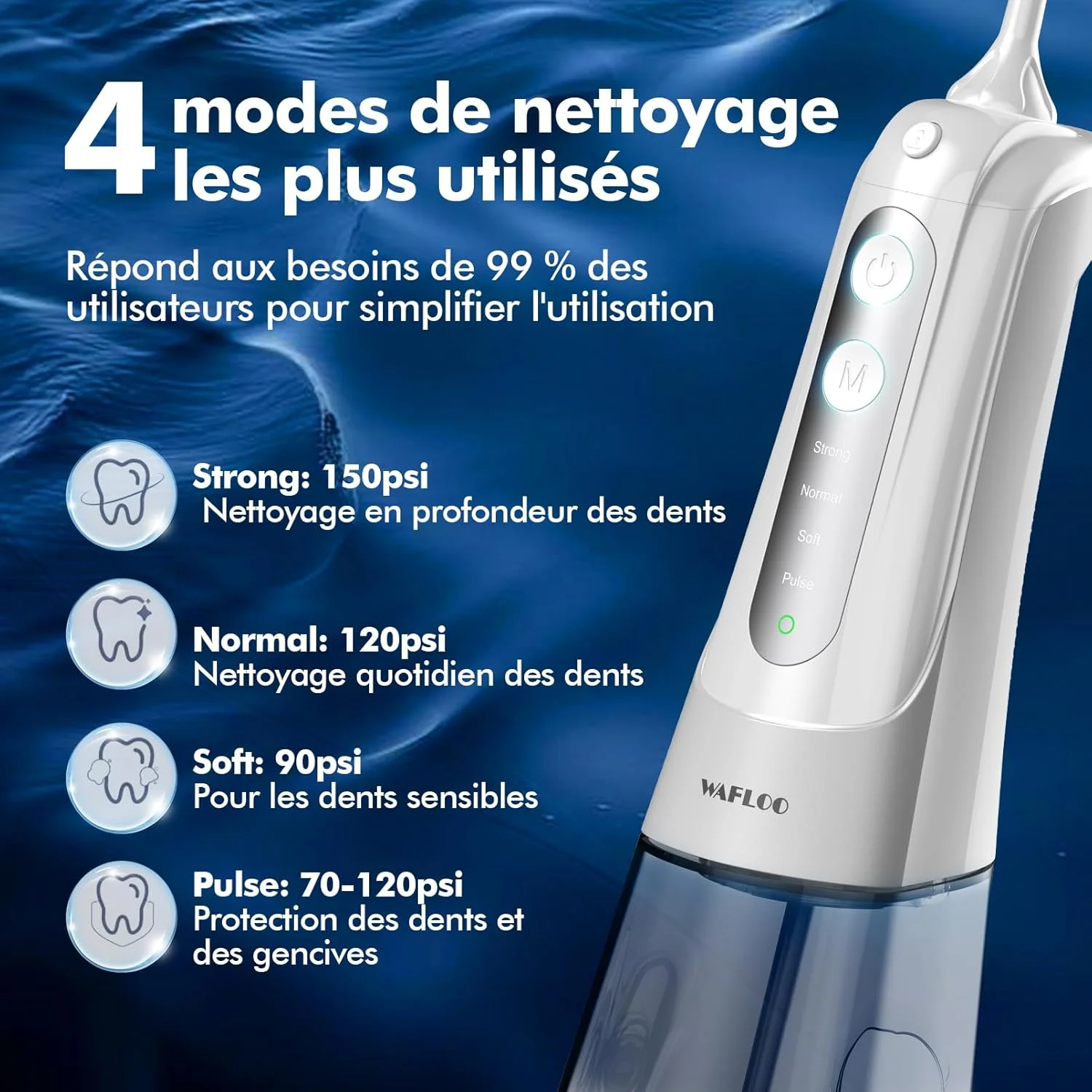 واترجت دهانی برقی بی سیم WAFLOO، نخ دندان آبی قابل حمل با 5 حالت و 4 نازل جت، مخزن آب 300 میلی لیتری، ضد آب IPX7، برنده تست 2025 برای ایمپلنت، خانواده ها و مسافرت