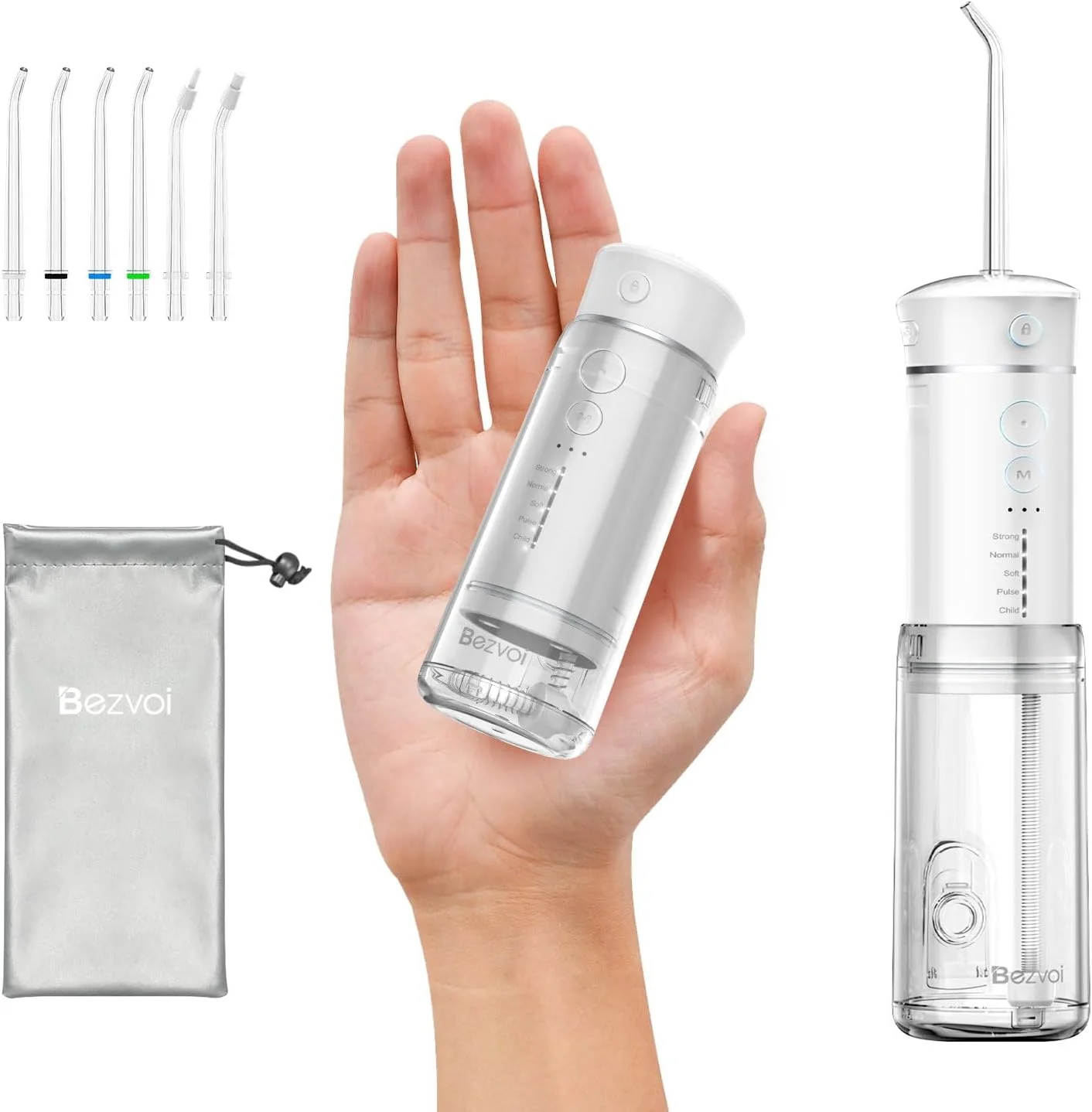 واتر فلاسر مینی بی سیم قابل حمل: نخ دندان آبی با 5 حالت، مخزن آب تلسکوپی، 6 سری، IPX7 ضد آب، مناسب برای تمیز کردن دندان، لثه، ارتودنسی و مراقبت از دندان (سفید)