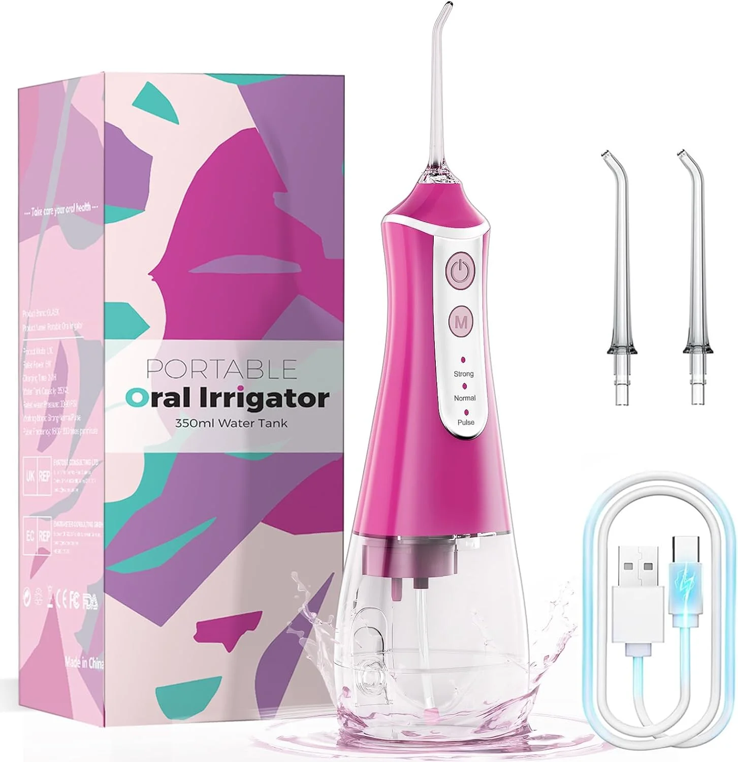 واتر فلاسر دندان، نخ دندان آبی بی سیم و دستگاه شستشوی دهان، فلاسر دندان قابل حمل 350 میلی لیتری برای مراقبت از دندان، مناسب برای استفاده در خانه و مسافرت، 3 حالت، قرمز گلگون