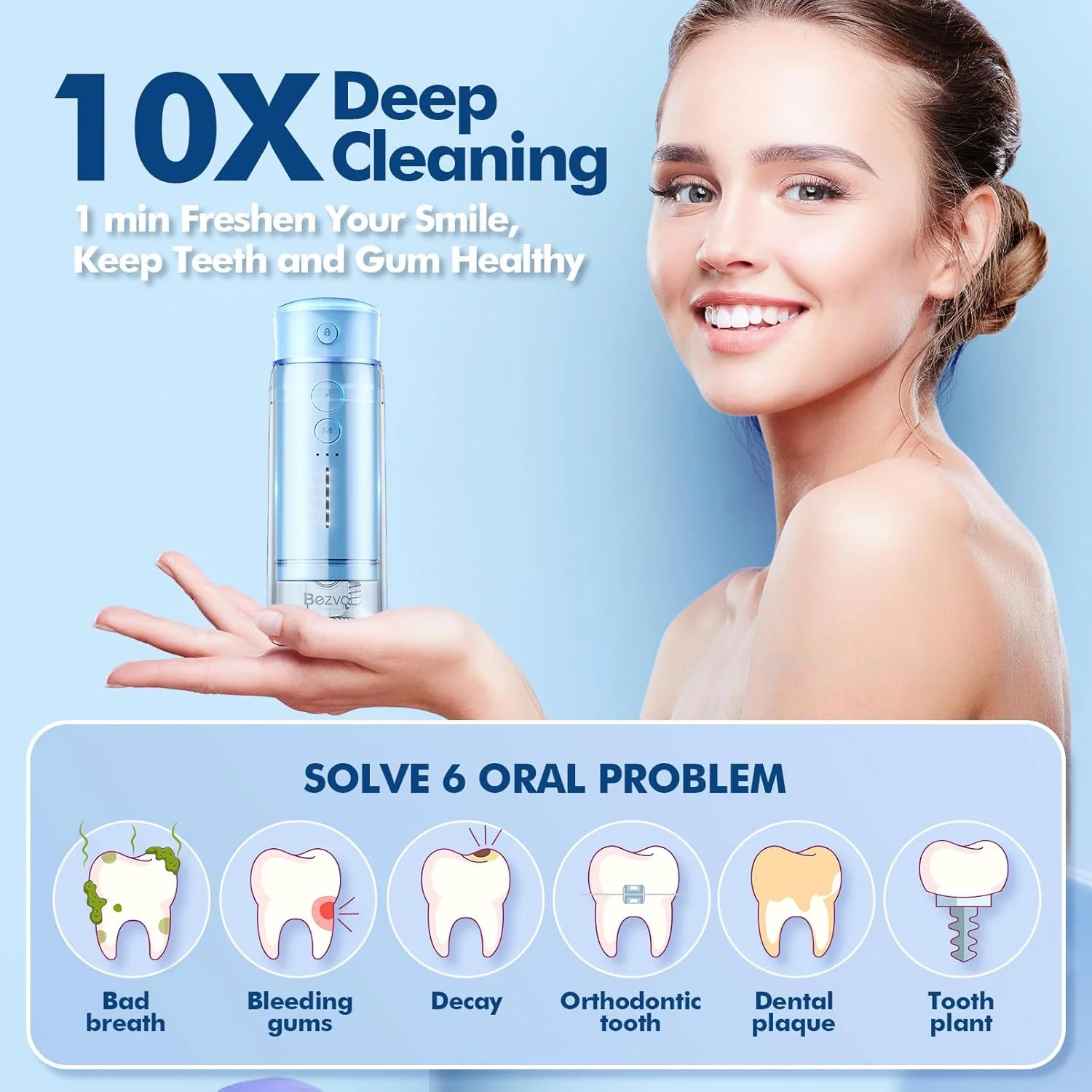 واتر فلاسر مینی بی سیم قابل حمل: دستگاه تمیز کننده دندان مسافرتی با مخزن آب تلسکوپی، 5 حالت، 6 سری، IPX7 ضد آب، مناسب برای دندان، ارتودنسی و بریج (آبی)