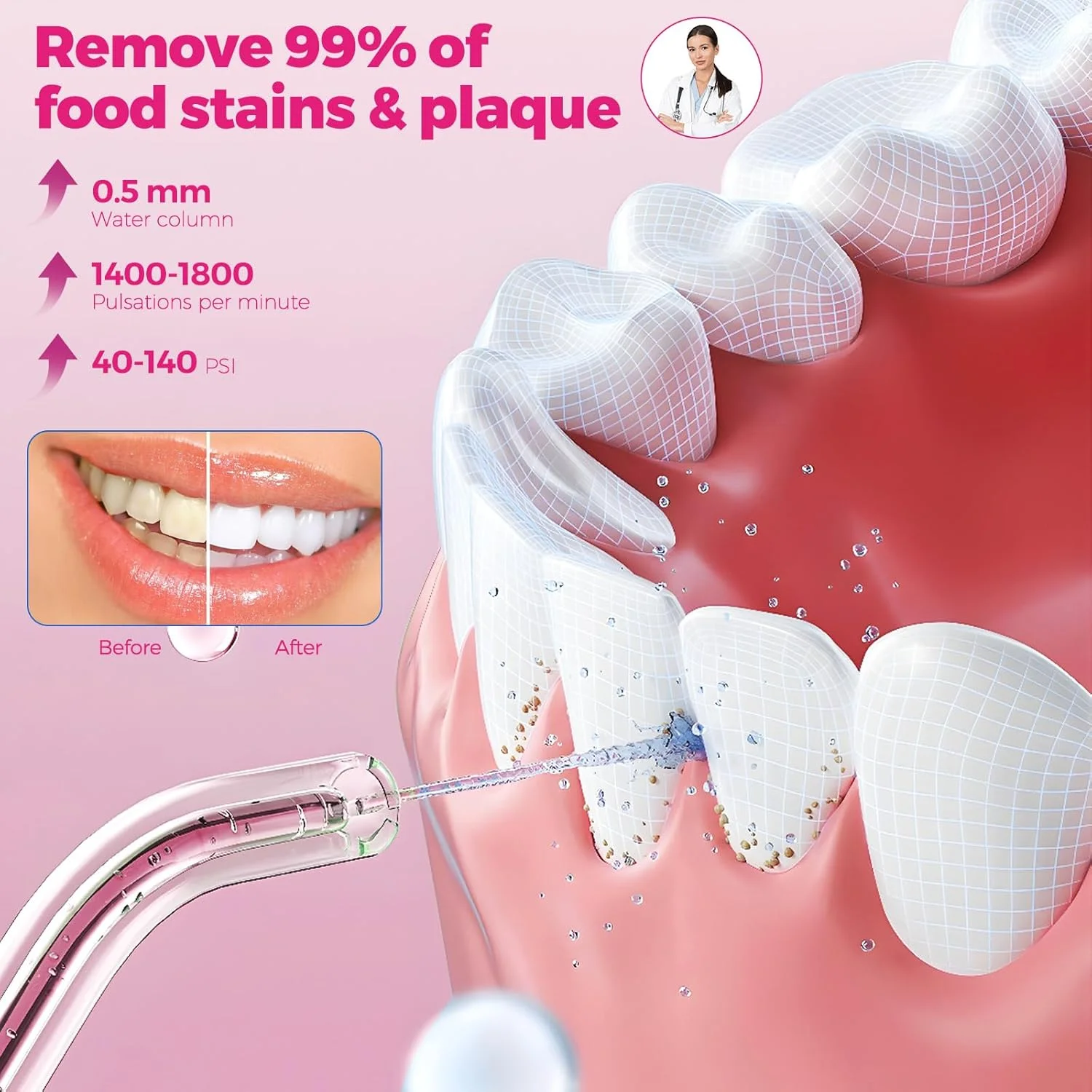 واتر فلاسر دندان، نخ دندان آبی بی سیم و دستگاه شستشوی دهان، فلاسر دندان قابل حمل 350 میلی لیتری برای مراقبت از دندان، مناسب برای استفاده در خانه و مسافرت، 3 حالت، قرمز گلگون
