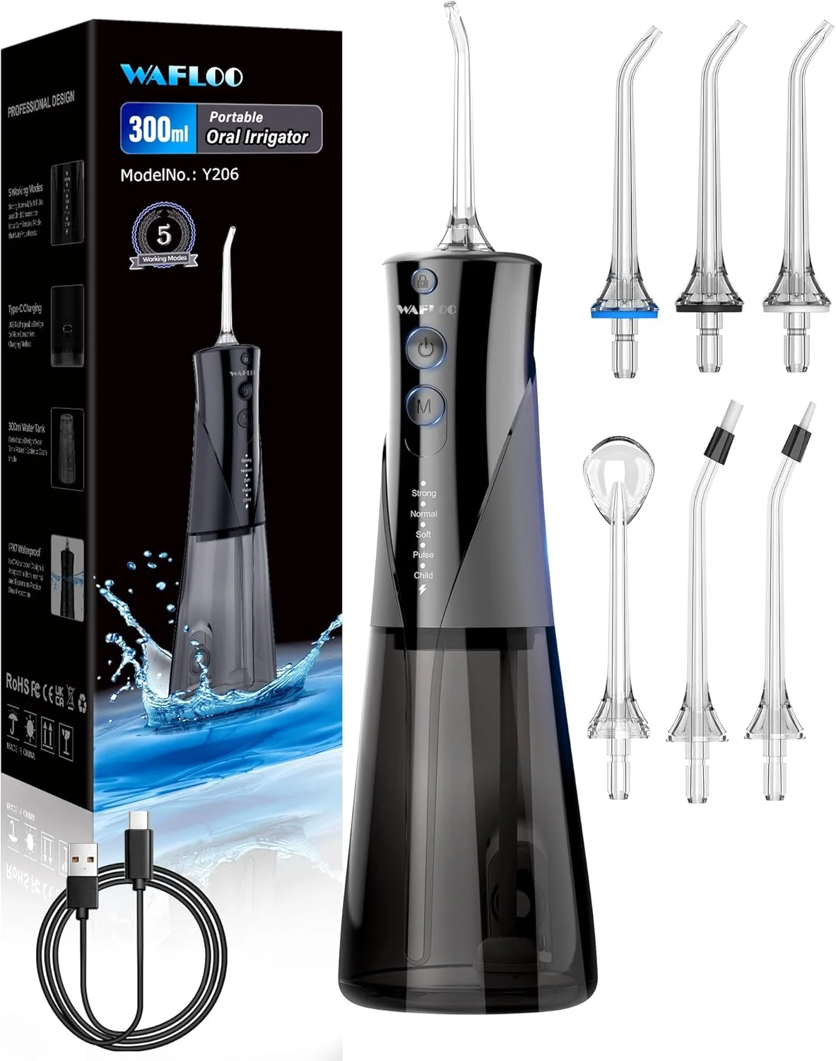 واتر فلاسر دندان - 5 حالت، 6 سری، مخزن بزرگ 300 میلی لیتری قابل حمل، تمیز کننده برقی واتر فلاسر، ضد آب IPX7، دستگاه تمیز کننده دندان برای خانه و مسافرت