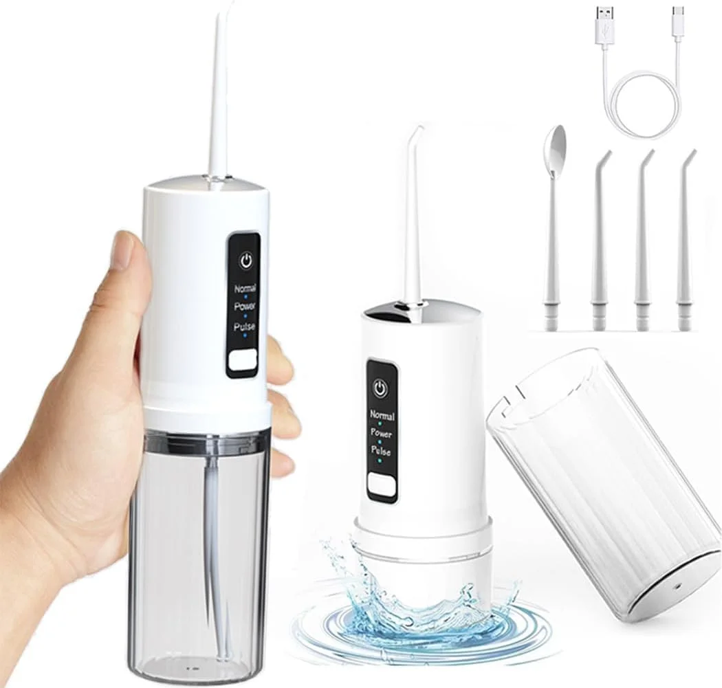 واتر فلاسر - نخ دندان آبی قابل حمل - IPX7 ضد آب، قابل شارژ با 3 حالت فشار، مخزن 220 میلی لیتری و 4 سری، نخ دندان فشرده برای مسافرت و ارتودنسی