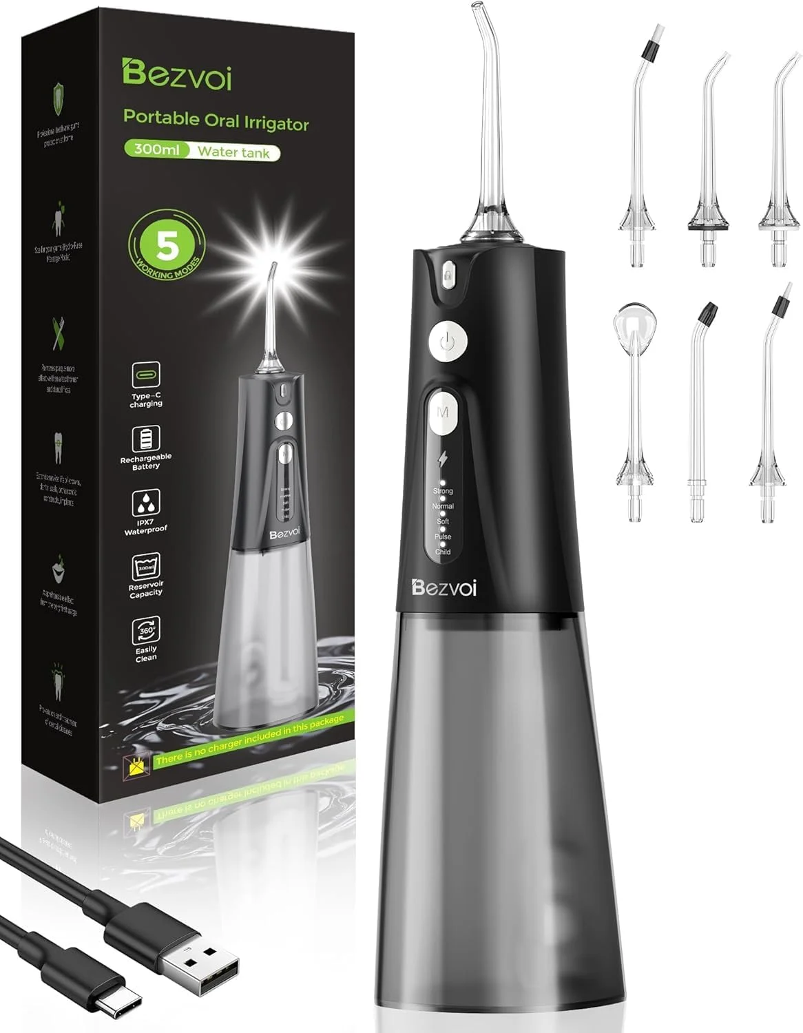 واتر فلاسر دندان بی سیم: دستگاه شستشوی دهان با 5 حالت، مخزن آب 300 میلی لیتری، تمیز کننده دندان برقی ضد آب IPX7، نخ دندان آبی با 6 سری برای تمیز کردن لثه/ارتودنسی/مراقبت از دندان