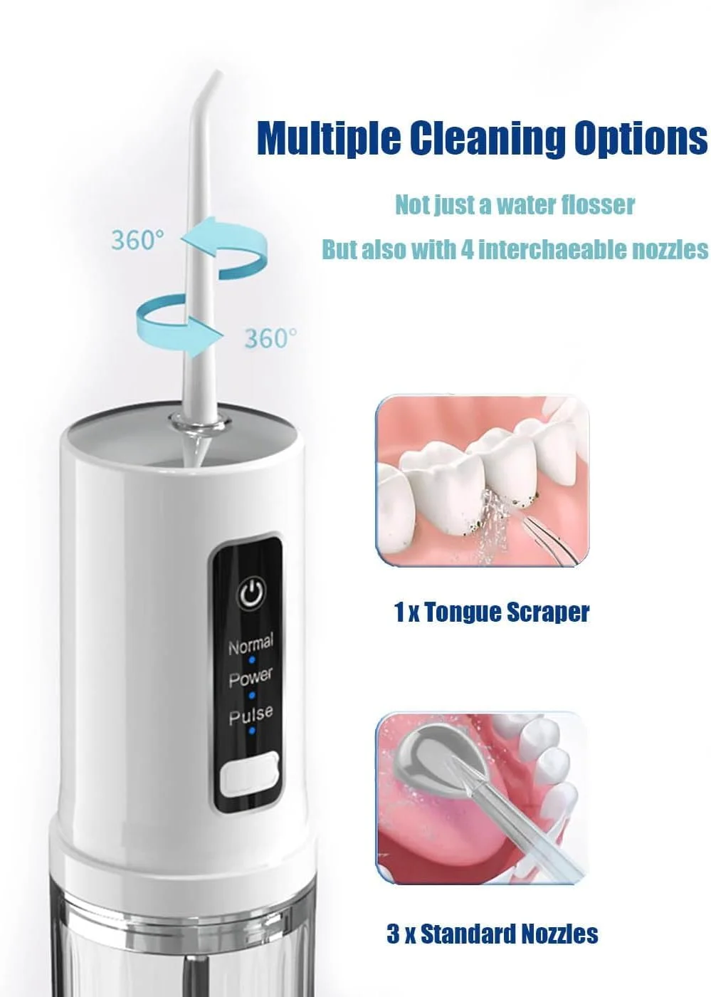 واتر فلاسر - نخ دندان آبی قابل حمل - IPX7 ضد آب، قابل شارژ با 3 حالت فشار، مخزن 220 میلی لیتری و 4 سری، نخ دندان فشرده برای مسافرت و ارتودنسی