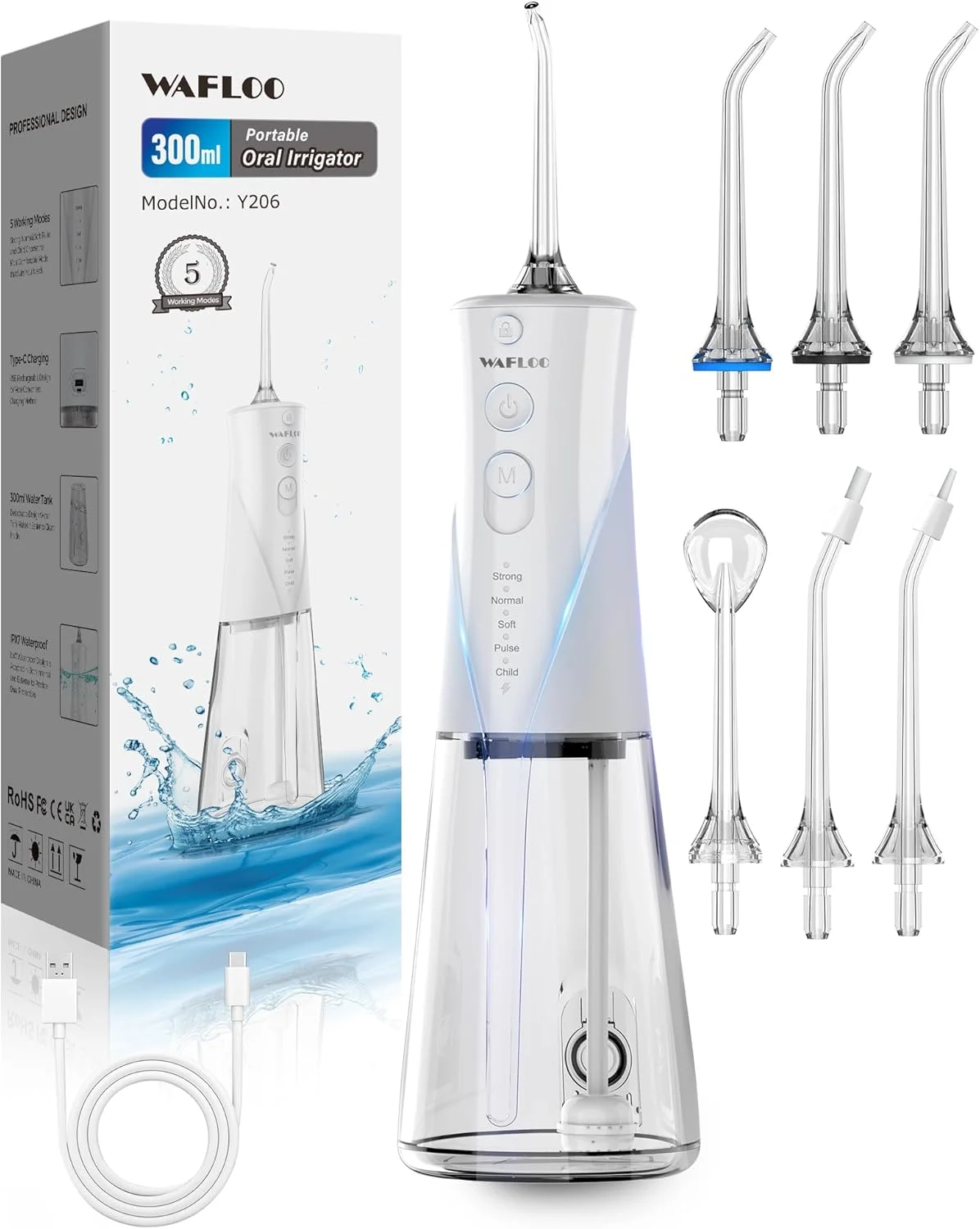 واتر فلاسر دندان - 5 حالت، 6 سری، مخزن بزرگ 300 میلی لیتری قابل حمل، تمیز کننده برقی واتر فلاسر، ضد آب IPX7، دستگاه تمیز کننده دندان برای خانه و مسافرت