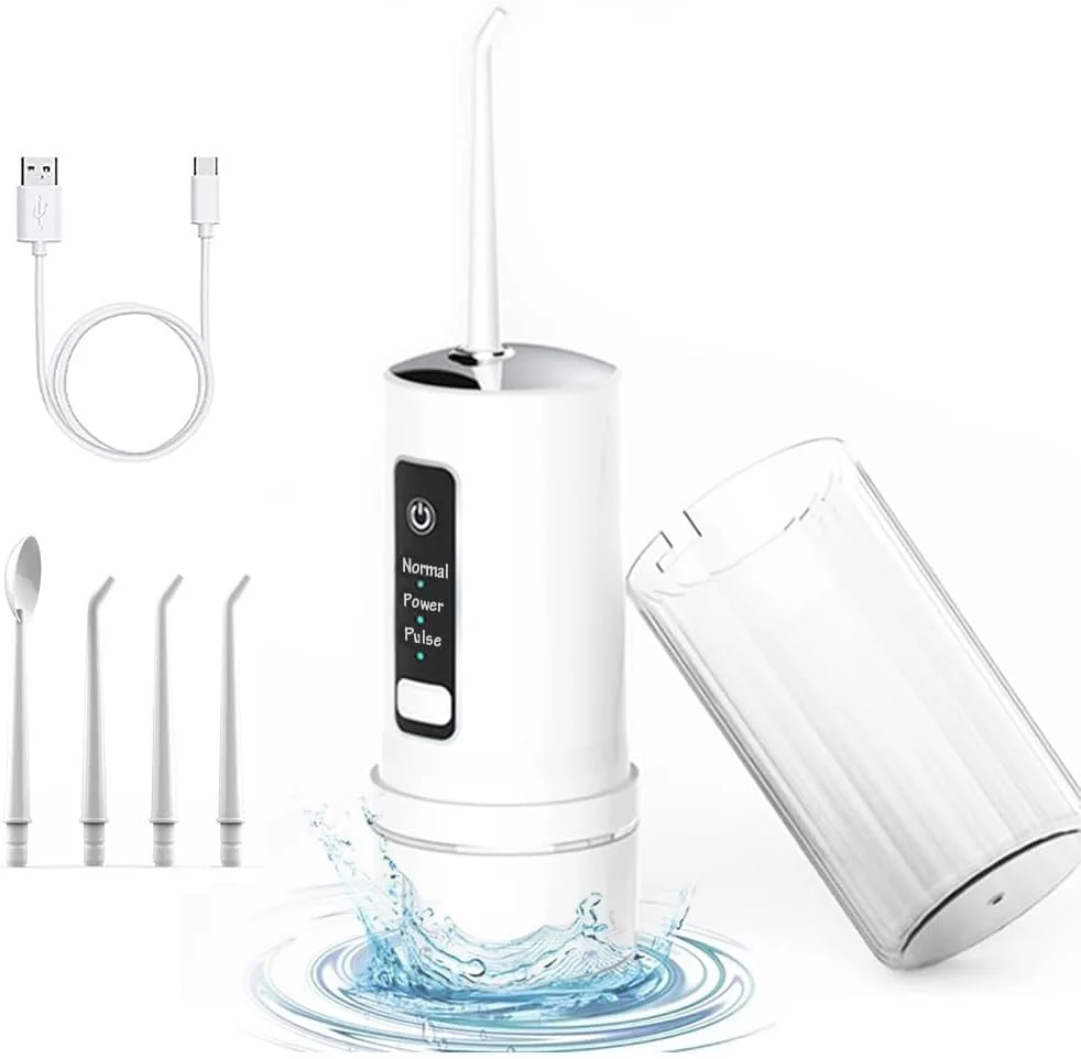 واتر فلاسر - نخ دندان آبی قابل حمل - IPX7 ضد آب، قابل شارژ با 3 حالت فشار، مخزن 220 میلی لیتری و 4 سری، نخ دندان فشرده برای مسافرت و ارتودنسی
