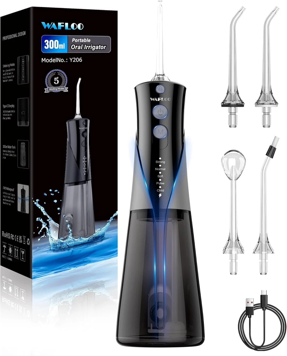 واتر فلاسر - واتر فلاسر قابل حمل با مخزن بزرگتر 300 میلی لیتری، نخ دندان ضد آب IPX7 برای مسافرت و استفاده در منزل، 5 حالت، 4 سری نخ دندان