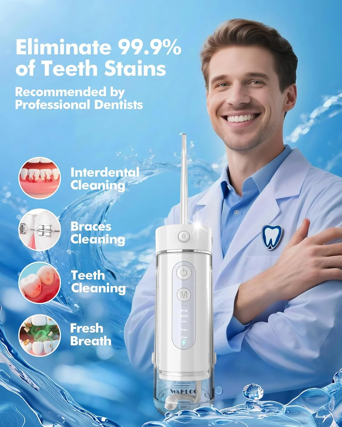 واتر فلاسر مسافرتی کوچک بی سیم قابل حمل: نخ دندان آبی 5 حالته با مخزن آب تلسکوپی، 4 سری، دستگاه آبیاری دهان ضد آب IPX7 برای تمیز کردن دندان ها، ارتودنسی، مراقبت از دندان بریس (سفید)