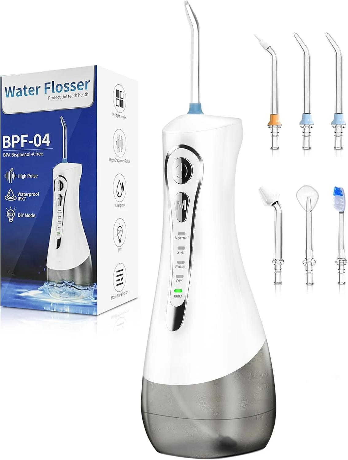 واتر فلاسر دندان، نخ دندان آبی بی سیم قابل حمل، حجم 320 میلی لیتر، 4 حالت، تمیز کننده دندان با آب، ضد آب IPX7، انتخاب کننده آبی دندان قابل شارژ برای تمیز کردن (سفید)