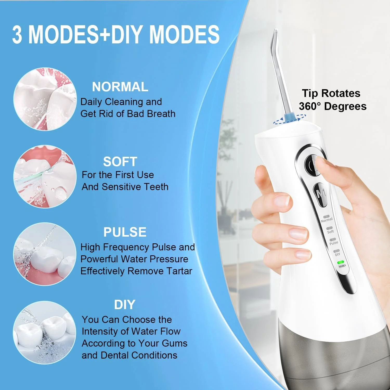 واتر فلاسر دندان، نخ دندان آبی بی سیم قابل حمل، حجم 320 میلی لیتر، 4 حالت، تمیز کننده دندان با آب، ضد آب IPX7، انتخاب کننده آبی دندان قابل شارژ برای تمیز کردن (سفید)