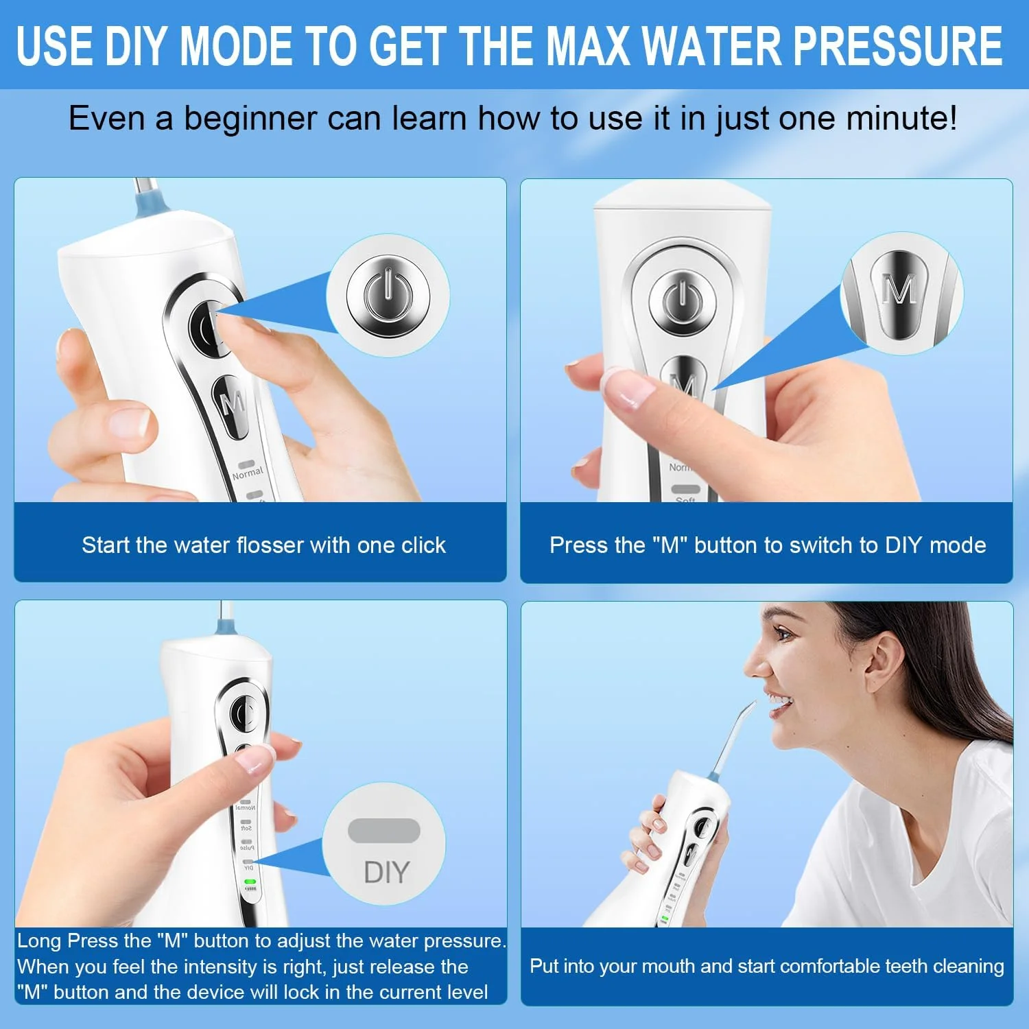 واتر فلاسر دندان، نخ دندان آبی بی سیم قابل حمل، حجم 320 میلی لیتر، 4 حالت، تمیز کننده دندان با آب، ضد آب IPX7، انتخاب کننده آبی دندان قابل شارژ برای تمیز کردن (سفید)