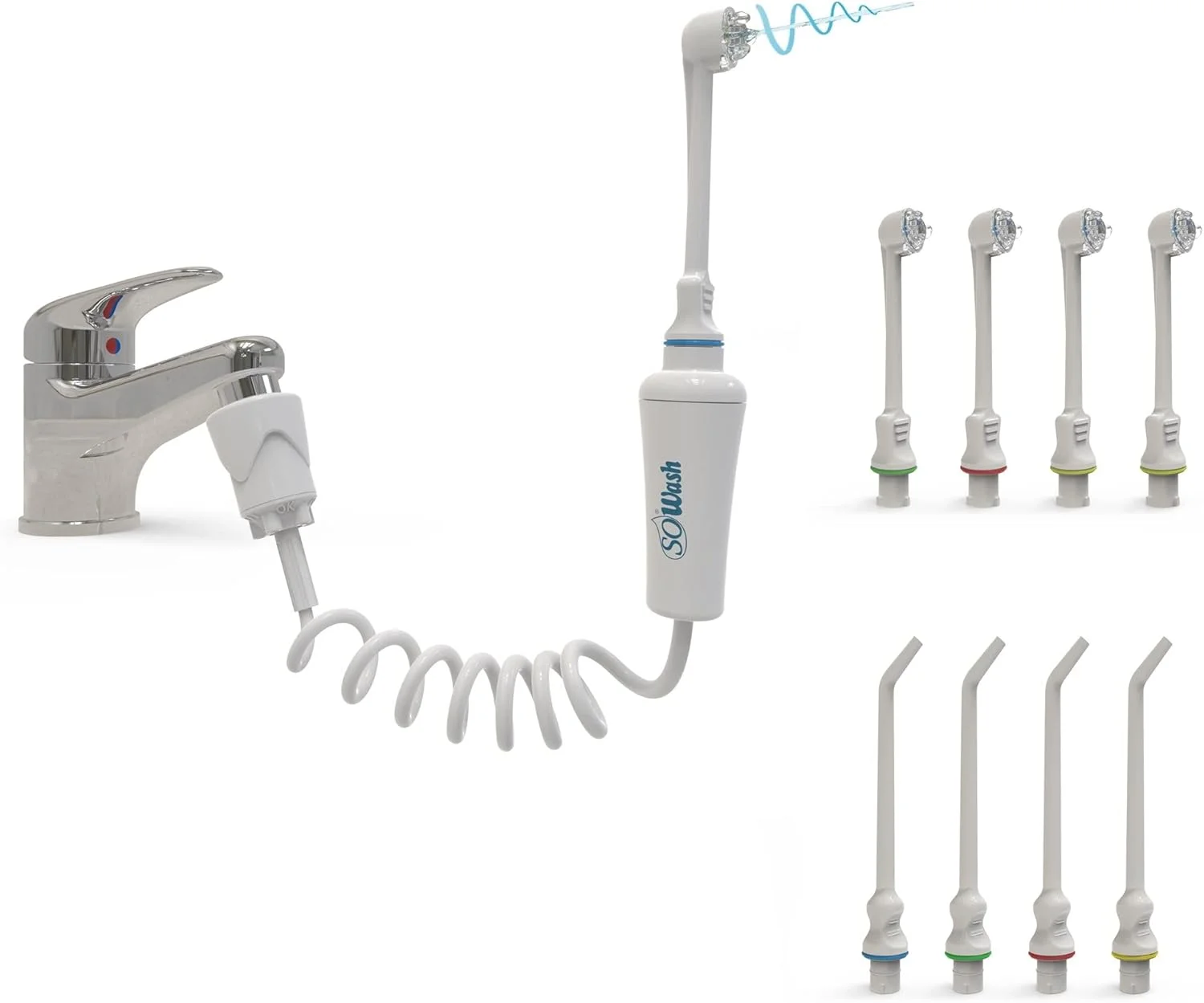 نخ دندان آبی SOWASH FAMILY، آبیاری دهان و دندان متصل به شیر آب، نخ دندان غیر برقی، با 8 سری: 4 سری ورتیکال + 4 سری جت، محصول ایتالیایی