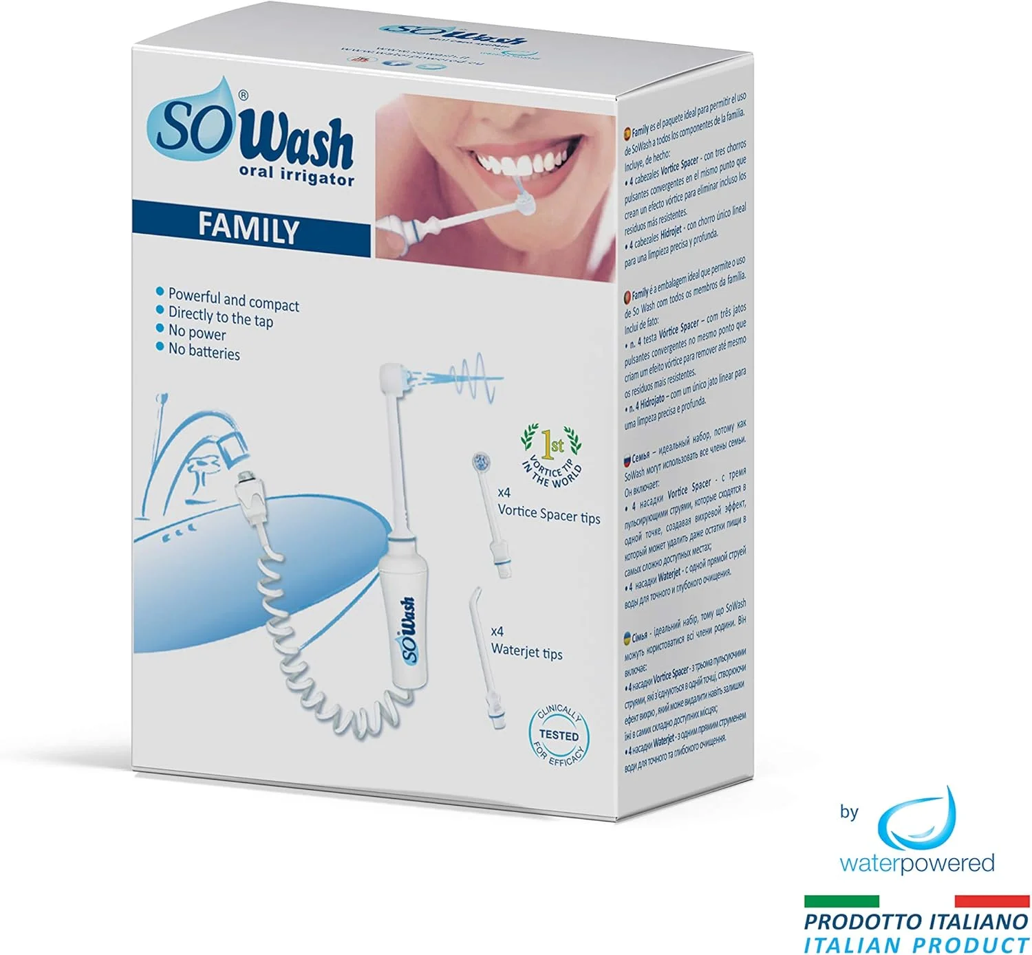 نخ دندان آبی SOWASH FAMILY، آبیاری دهان و دندان متصل به شیر آب، نخ دندان غیر برقی، با 8 سری: 4 سری ورتیکال + 4 سری جت، محصول ایتالیایی