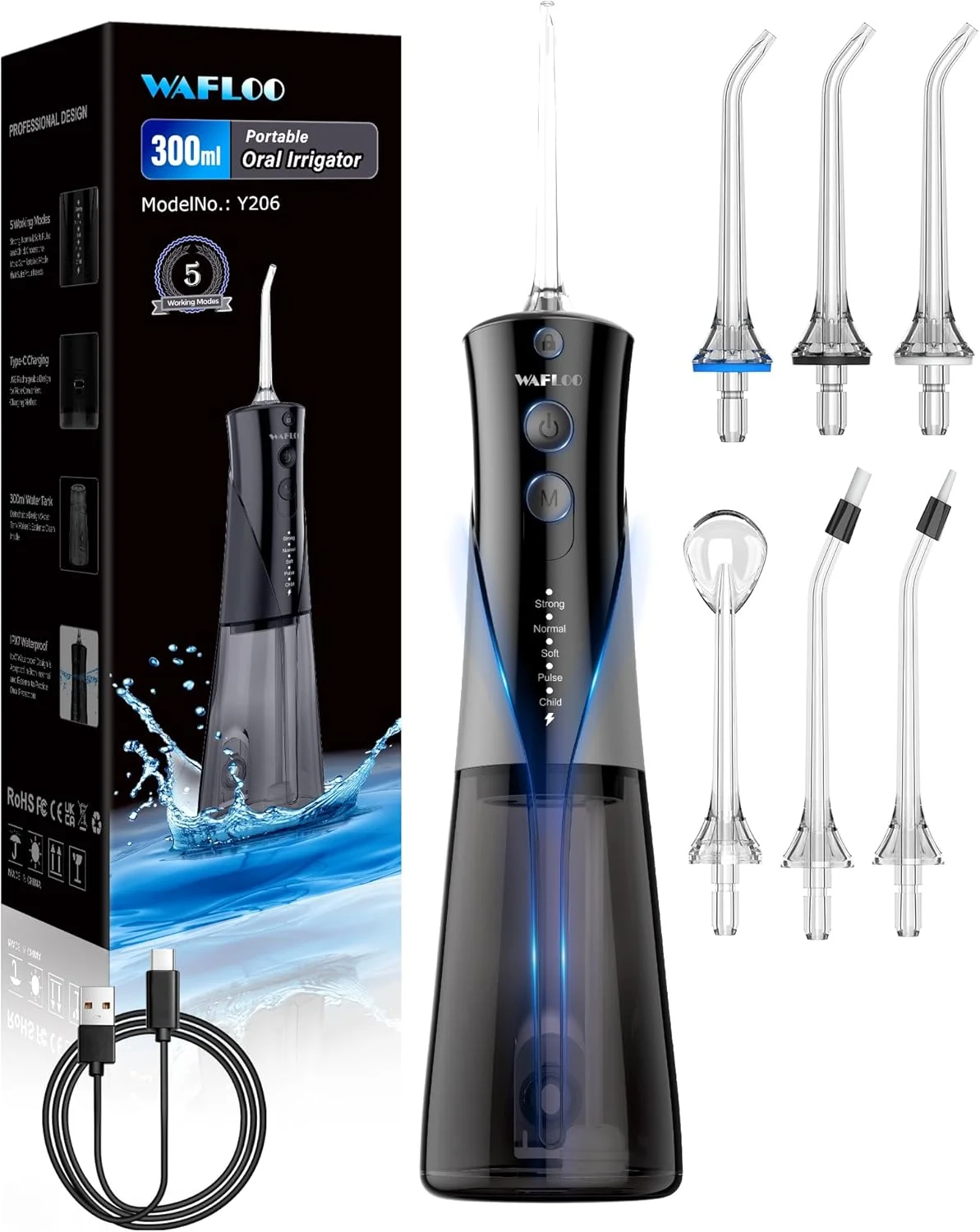 دستگاه نخ دندان آبی برای دندان - 5 حالت، 6 سری، قابل شارژ بی سیم قابل حمل، مخزن بزرگتر 300 میلی لیتری، تمیز کننده نخ دندان برقی ضد آب IPX7، انتخاب نخ دندان برای مسافرت در منزل