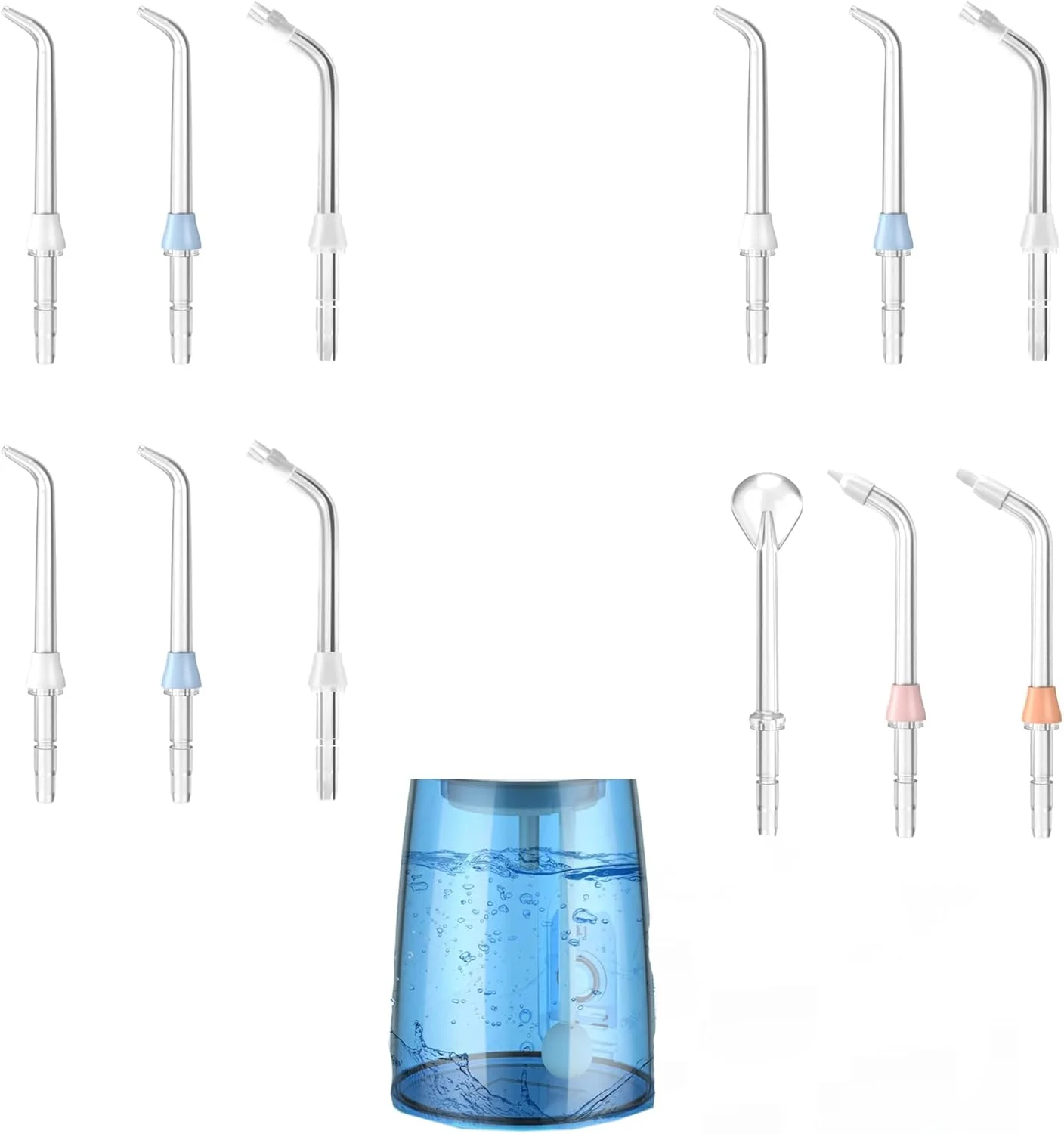 واتر فلاسر دندانی بی سیم قابل حمل با مخزن 350 میلی لیتری، دارای 5 حالت و 6 سری قابل تعویض - ضد آب IPX7، عمر باتری قوی، مناسب برای مسافرت و استفاده خانگی - آبی سفید