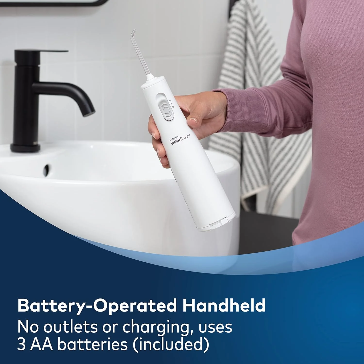 واترپیک فلوسر آبی بی سیم، با باتری کار می کند و قابل حمل برای مسافرت و منزل، دارای تاییدیه ADA مدل اکسپرس، سفید WF-02
