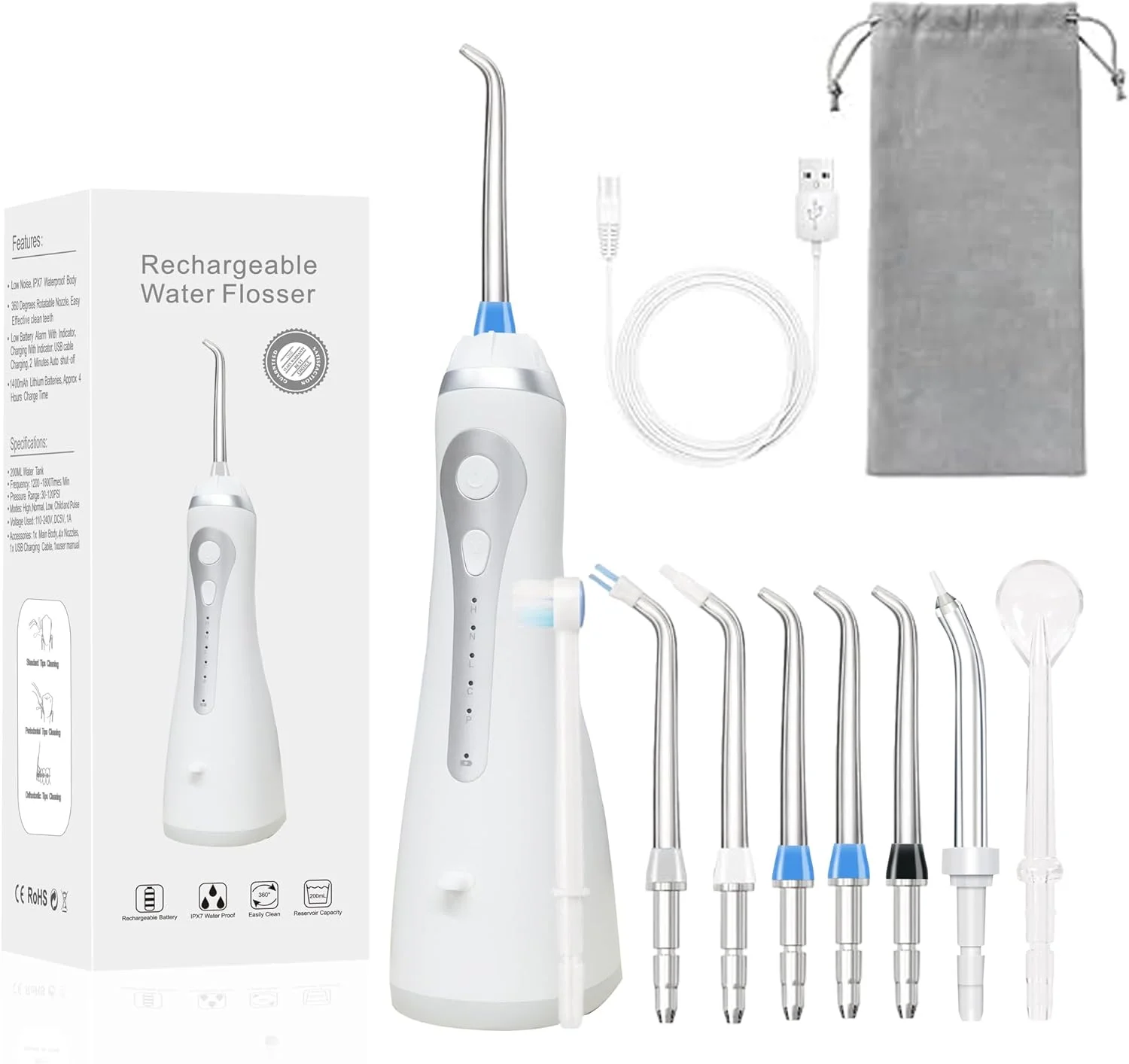واتر فلاسر برقی ضد آب، نخ دندان آبی، انتخاب دندان قابل حمل بی سیم، آبیاری دهان و دندان 300 میلی لیتر، تمیز کننده آبیاری مسافرتی قابل شارژ IPX7، دارای 8 سری و 5 حالت، دستگاه تمیز کننده دندان