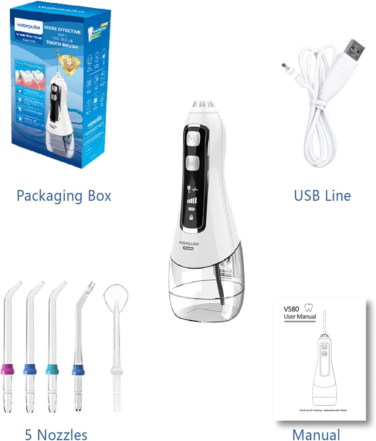 واتر فلاسر Waterpulse مدل Smarbo V580، با 6 حالت 320 میلی لیتر، جت آبی دهانی قابل حمل و شارژی برای تمیز کردن دندان ها با عملکرد ماساژ، یادآوری شارژ و تنظیم فشار