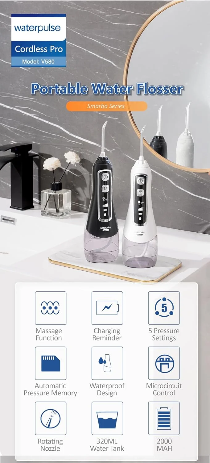 واتر فلاسر Waterpulse مدل Smarbo V580، با 6 حالت 320 میلی لیتر، جت آبی دهانی قابل حمل و شارژی برای تمیز کردن دندان ها با عملکرد ماساژ، یادآوری شارژ و تنظیم فشار