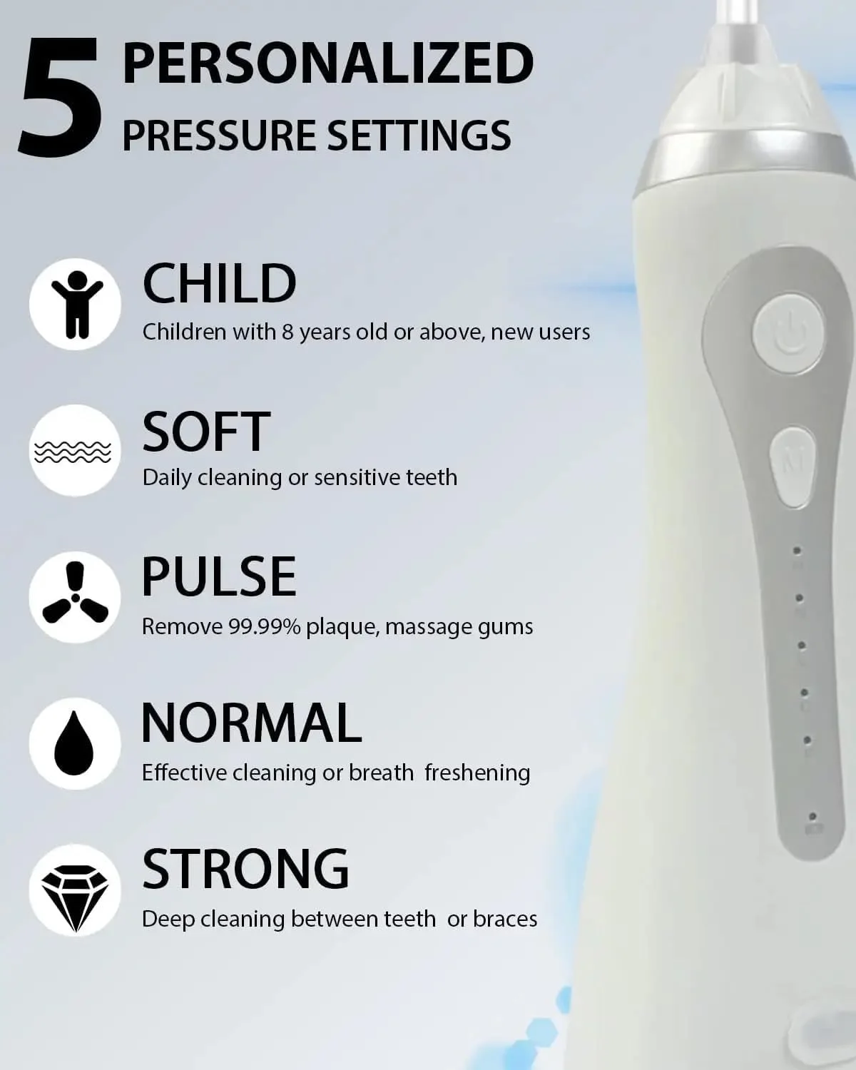 واتر فلاسر برقی ضد آب، نخ دندان آبی، انتخاب دندان قابل حمل بی سیم، آبیاری دهان و دندان 300 میلی لیتر، تمیز کننده آبیاری مسافرتی قابل شارژ IPX7، دارای 8 سری و 5 حالت، دستگاه تمیز کننده دندان