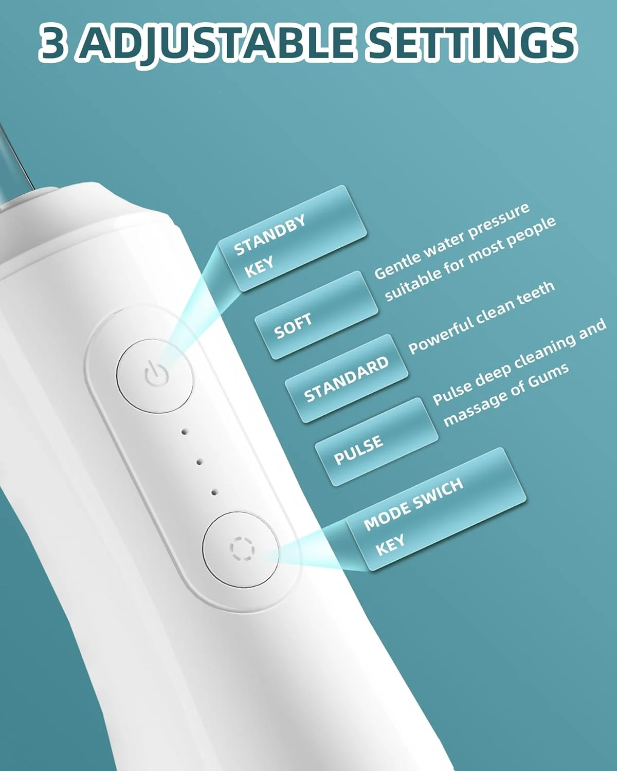 واتر فلاسر، دستگاه پاک کننده دندان با آب، 300 میلی لیتر، ضد آب IPX7، دارای 3 حالت و 4 سری قابل تعویض، انتخاب حرفه ای برای تمیز کردن لثه ها، مناسب برای استفاده در منزل و مسافرت (سفید)