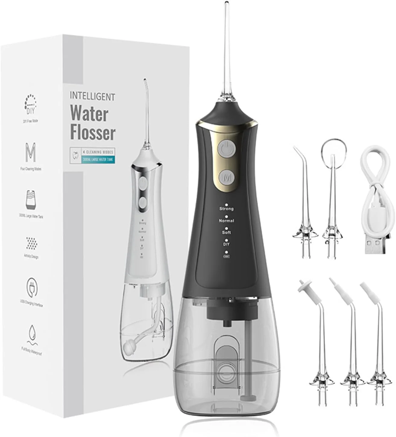 دستگاه شستشوی دهان و دندان بی سیم WOJWSKI، تمیز کننده هوشمند دندان با 4 سرعت، مخزن 300 میلی لیتری، قابل حمل و شارژ با کابل USB C، ضد آب IPX6 (مشکی)