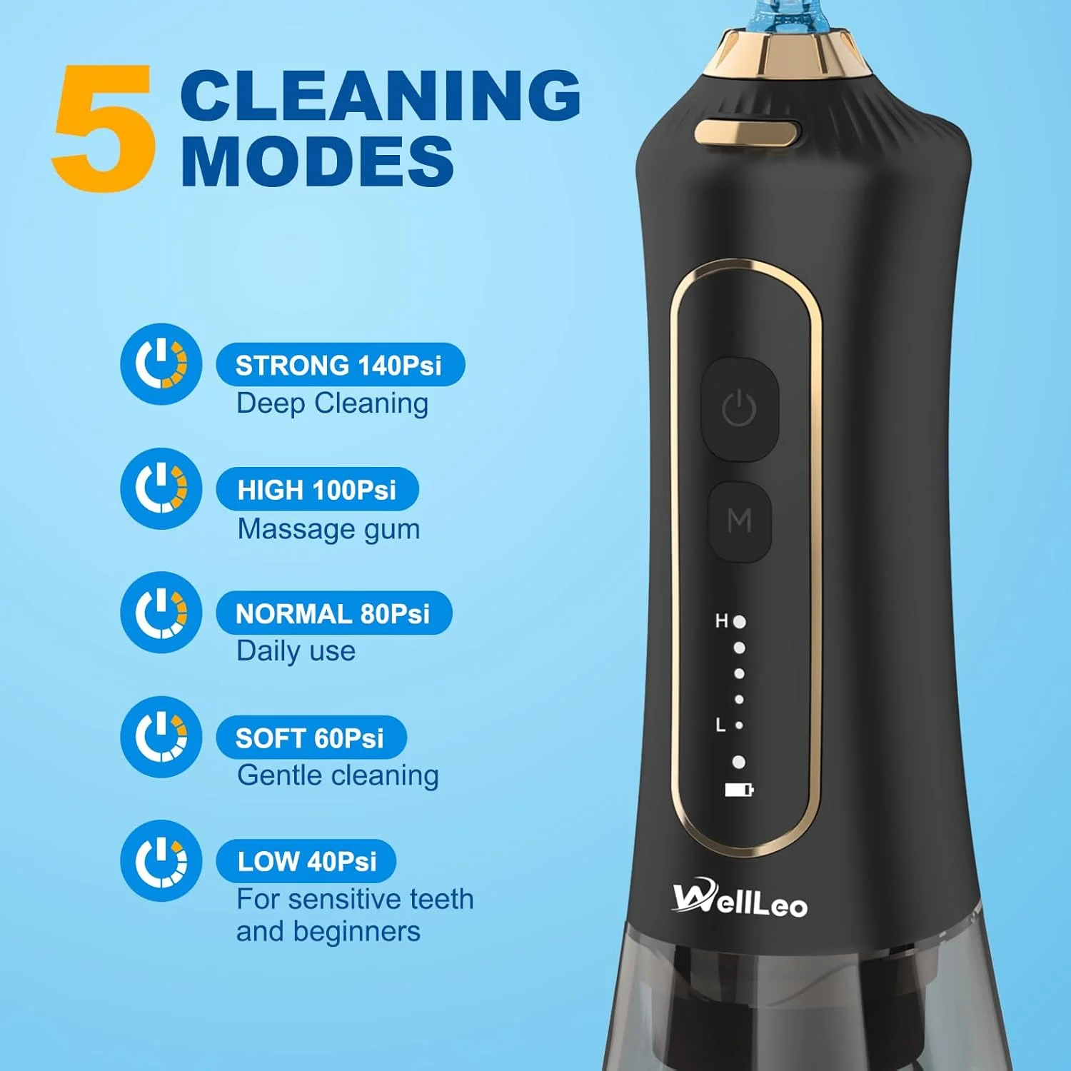 واتر فلاسر دندان، نخ دندان آبی 300 میلی لیتری بی سیم، قابل شارژ با 5 حالت و 5 سری جت، تمیز کننده دندان ضد آب IPX7 برای مراقبت از لثه، مناسب برای استفاده در منزل و مسافرت