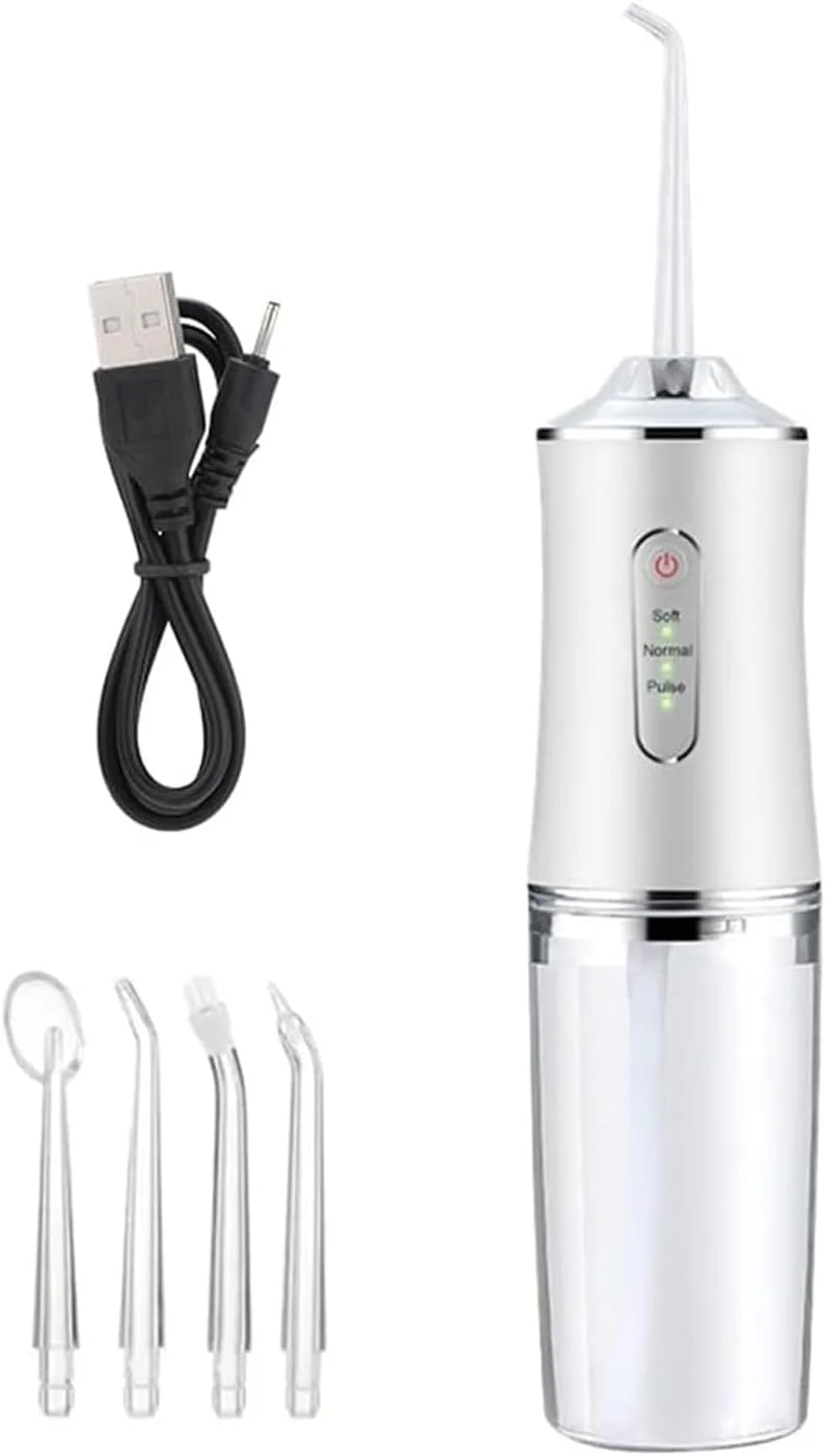 دستگاه شستشوی دهان و دندان بی سیم، قابل شارژ با USB، دارای 4 نازل، 3 حالت فشار، ضد آب، تمیز کننده و سفید کننده دندان، مراقبت از دهان و دندان بی سیم قابل حمل برای رفع بوی بد دهان (سفید)