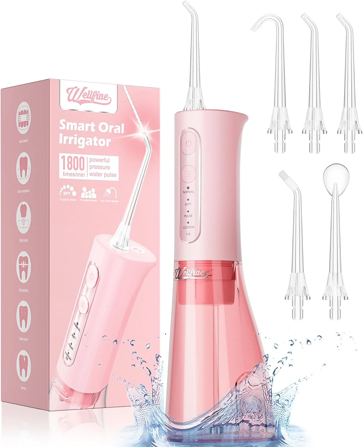 دستگاه پاک کننده دندان WELLFINE - دارای 4 حالت، بی سیم، مخزن 300 میلی لیتری، قابل حمل و شارژ، ضد آب IPX7، باتری قدرتمند، مناسب برای تمیز کردن دندان در خانه و مسافرت