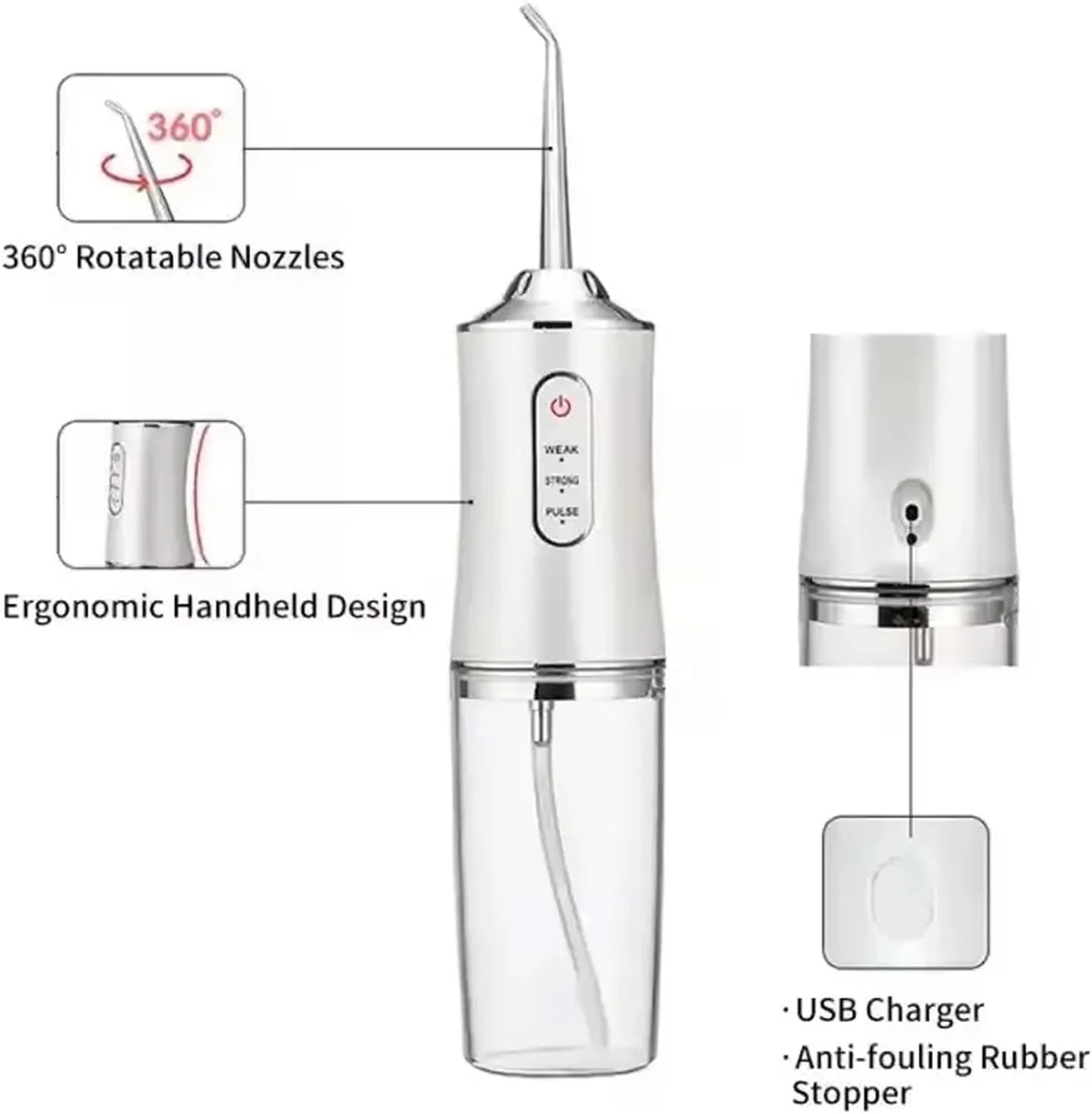 دستگاه شستشوی دهان و دندان بی سیم، قابل شارژ با USB، دارای 4 نازل، 3 حالت فشار، ضد آب، تمیز کننده و سفید کننده دندان، مراقبت از دهان و دندان بی سیم قابل حمل برای رفع بوی بد دهان (سفید)