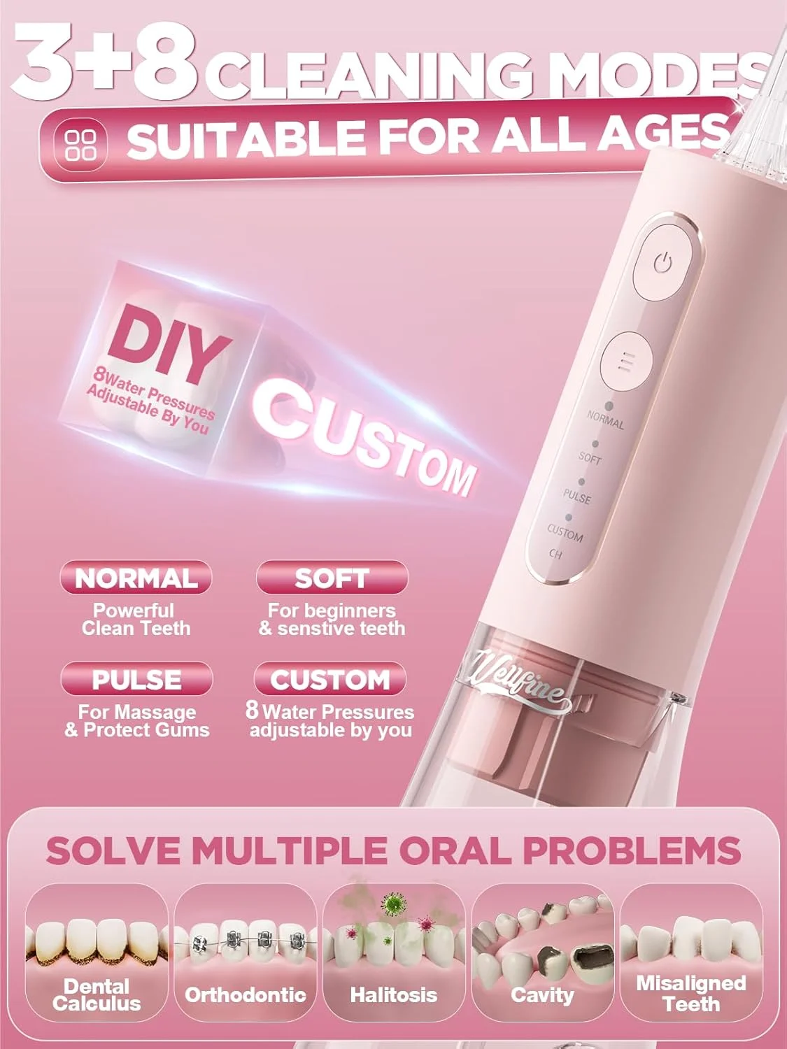 دستگاه پاک کننده دندان WELLFINE - دارای 4 حالت، بی سیم، مخزن 300 میلی لیتری، قابل حمل و شارژ، ضد آب IPX7، باتری قدرتمند، مناسب برای تمیز کردن دندان در خانه و مسافرت