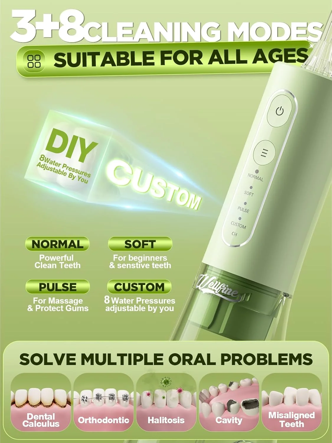 دستگاه شستشوی دهان و دندان WELLFINE - دارای 4 حالت، بی سیم، مخزن 300 میلی لیتری، قابل حمل و شارژ، ضد آب IPX7، عمر باتری قوی، مناسب برای تمیز کردن در خانه و مسافرت