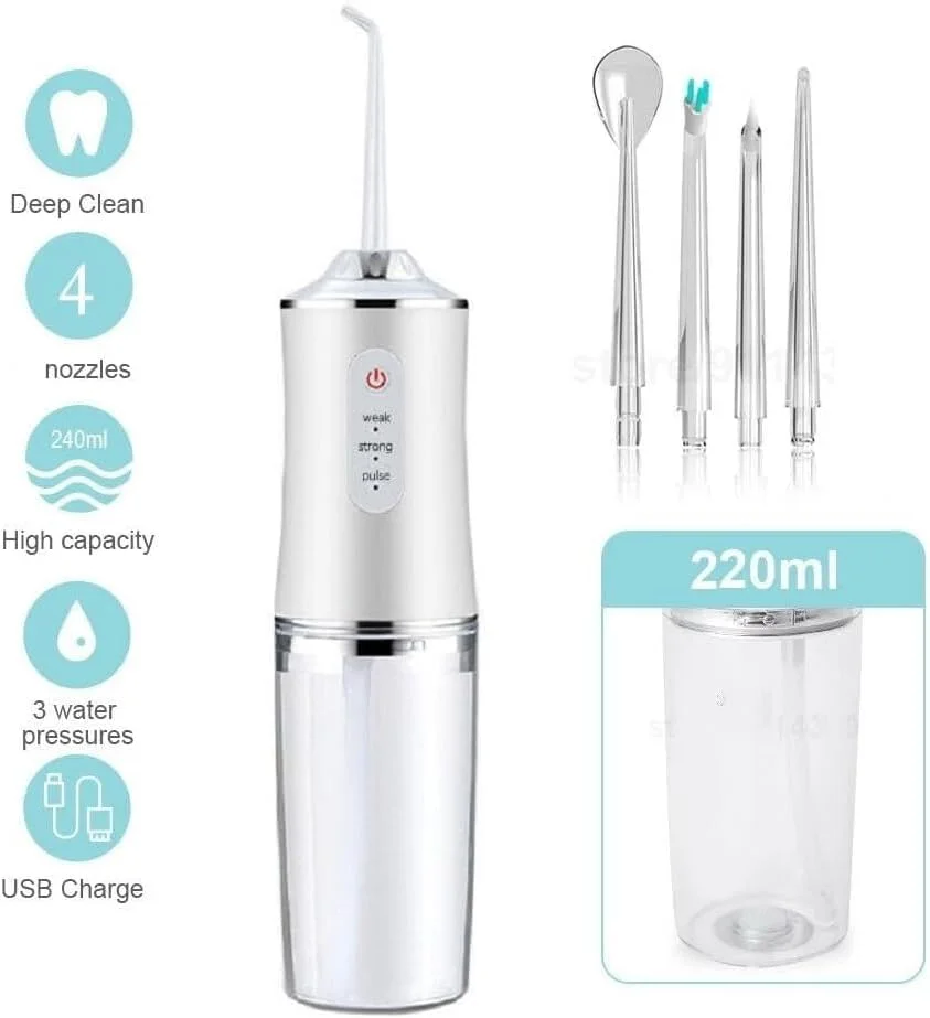 دهانشویه برقی بی سیم 220 میلی لیتری، نخ دندان آبی دندانی قابل شارژ USB با 4 نازل و 3 حالت فشار، تمیز کننده و سفید کننده دندان با 4 سری جت ضد آب IPX7 (سفید)