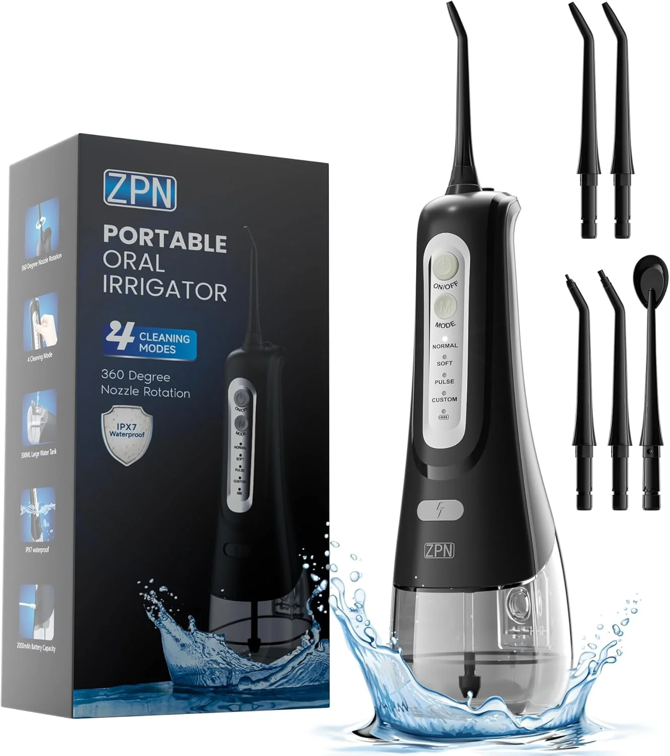 دستگاه شستشوی دهان و دندان ZPN، بدون سیم برای تمیز کردن دندان، دارای 4 حالت، 5 سری قابل تعویض، قابل حمل و شارژ، ضد آب IPX7، مناسب برای خانه و مسافرت (مشکی)