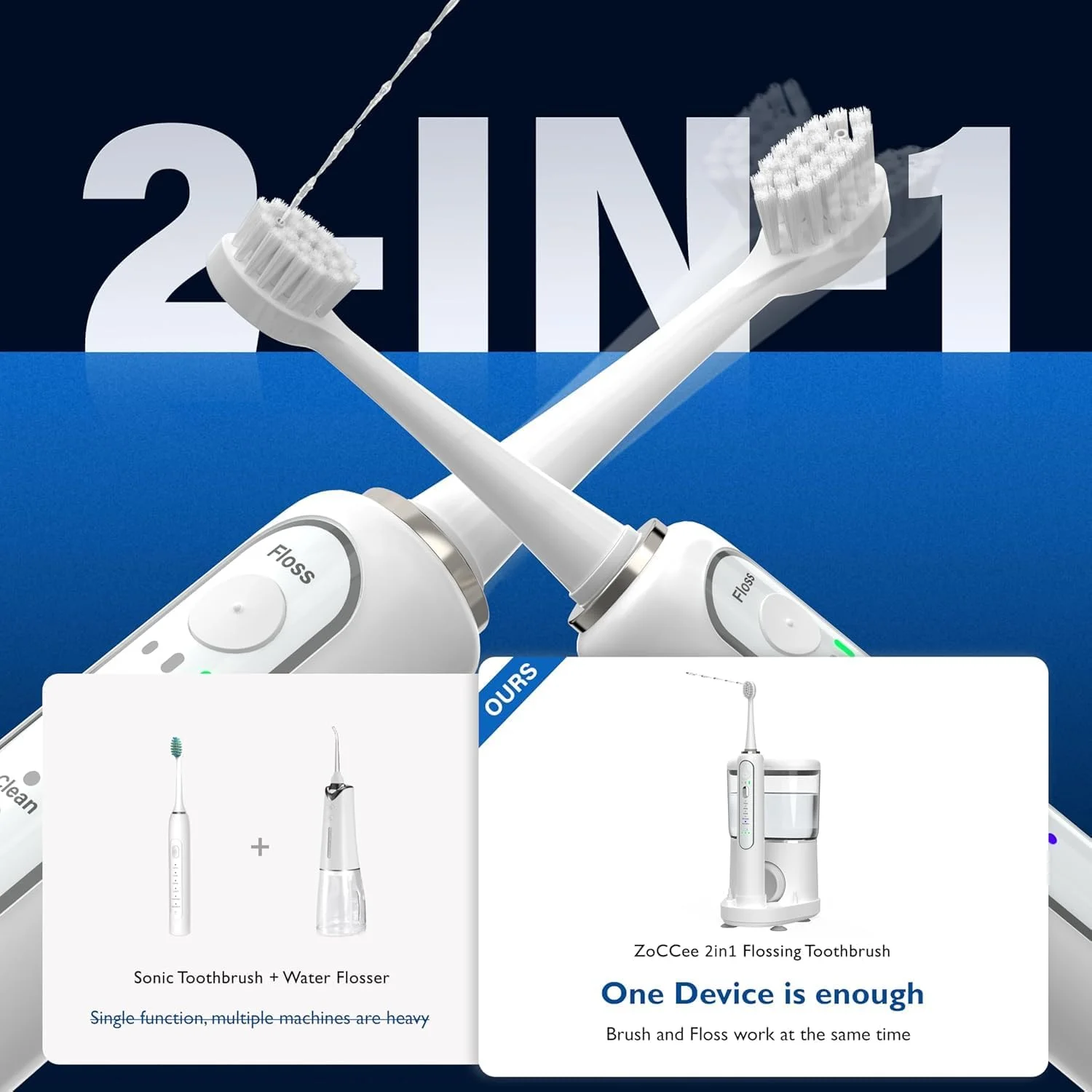 مسواک برقی ZoCCee با نخ دندان آبی 3.0 - مسواک حرفه ای نخ دندان برای بزرگسالان - مسواک و نخ دندان 500 میلی لیتری در یک دستگاه - 5 حالت مسواک و 3 سرعت نخ دندان (سفید)